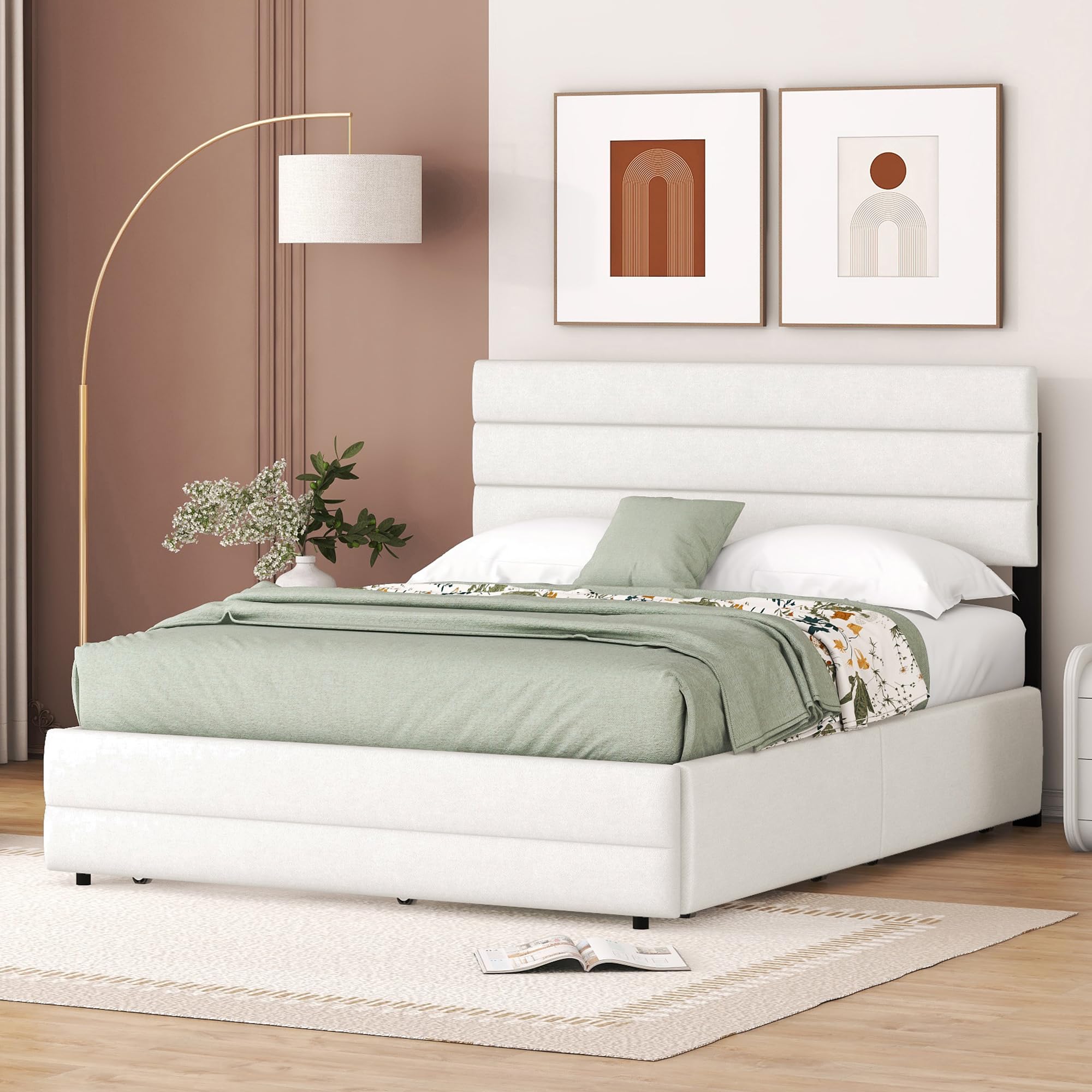 Platform Bed with Storage Machine for Two and Two Drawers, Beige, 140x200 cm