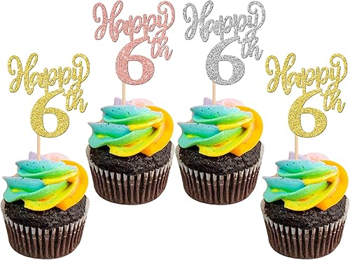 24 piezas de decoración para cupcakes de 6 años, color dorado, rosa, dorado, plateado, con purpurina de seis saludos a 6 años de edad, número 6,