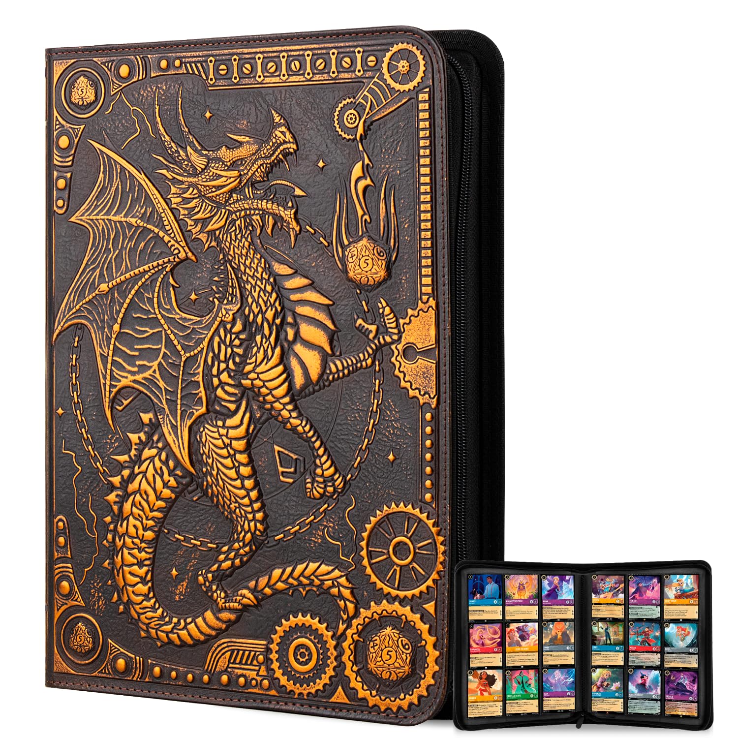 FEIDIAO Raccoglitore per carte collezionabili, album con 360 tasche laterali con cerniera, in pelle PU 3D goffrata con drago volante, 9 tasche da collezione, album per giochi per MTG, TCG, Pokmon