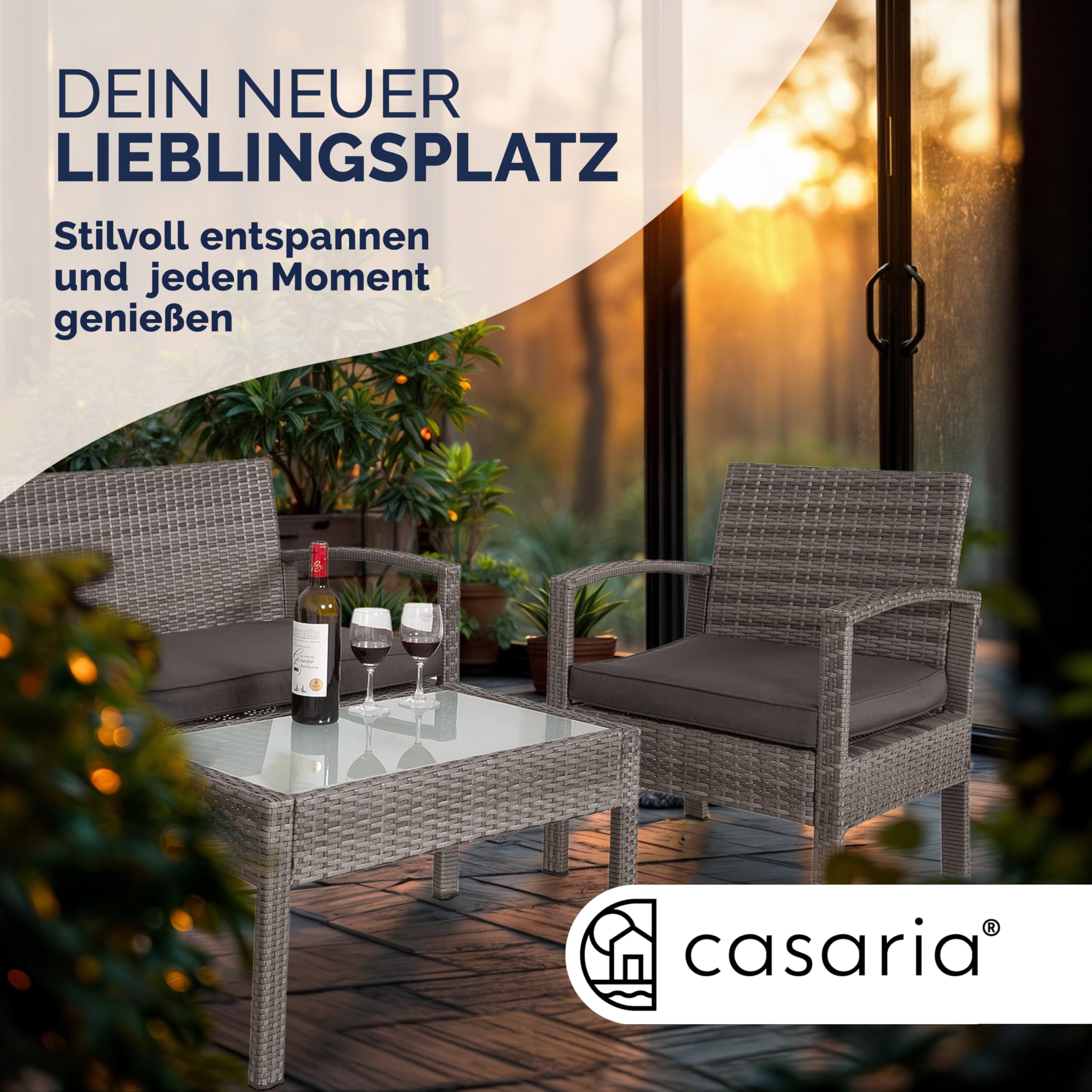 CASARIA Conjunto Muebles Jardín 4 Piezas Poliratán Mesa Cristal Gris | 2 Sillones, Banco, Cojines 5cm, Acero Galvanizado, Repelente Agua, Patas Regulables, 4 Personas, Terraza, Balcón, Ventosas