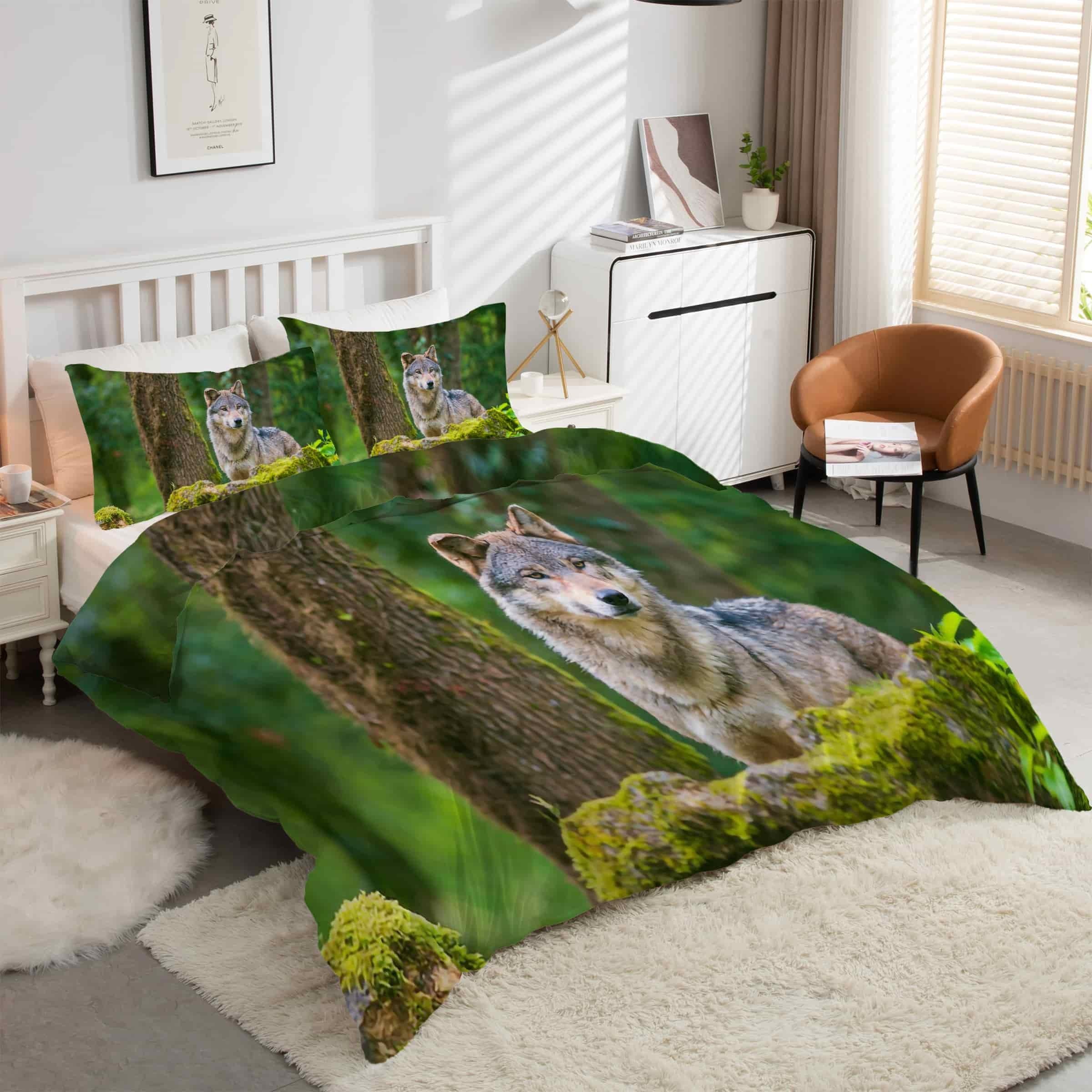 Parure de lit 90x190 forêt loup pour chambre d'enfant aventureuse avec housse et taies