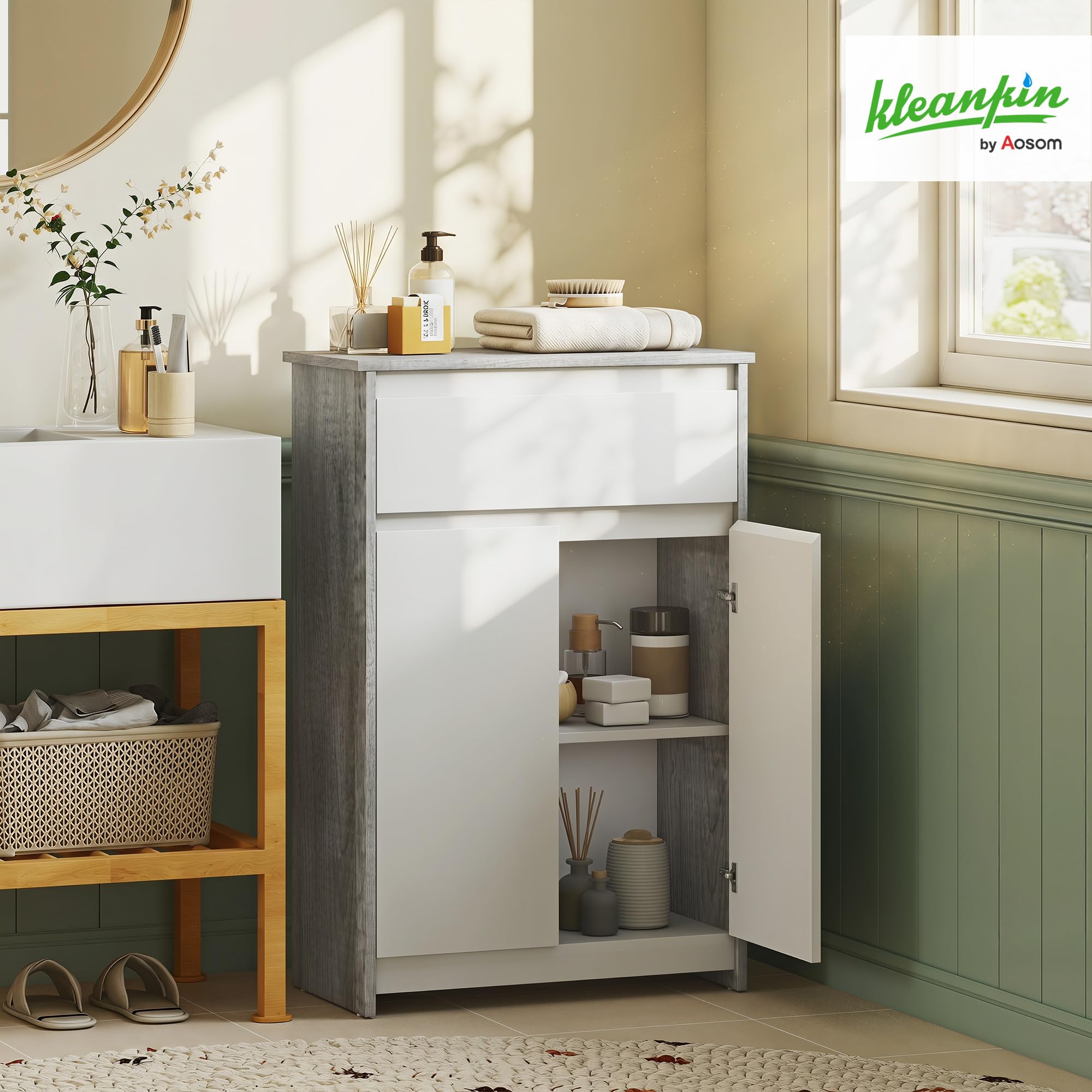 kleankin Mobile Bagno con Cassetto e Ante Doppie Grigio e Bianco | Mobiletto Bagno Salvaspazio, per Lavanderia, Effetto Legno