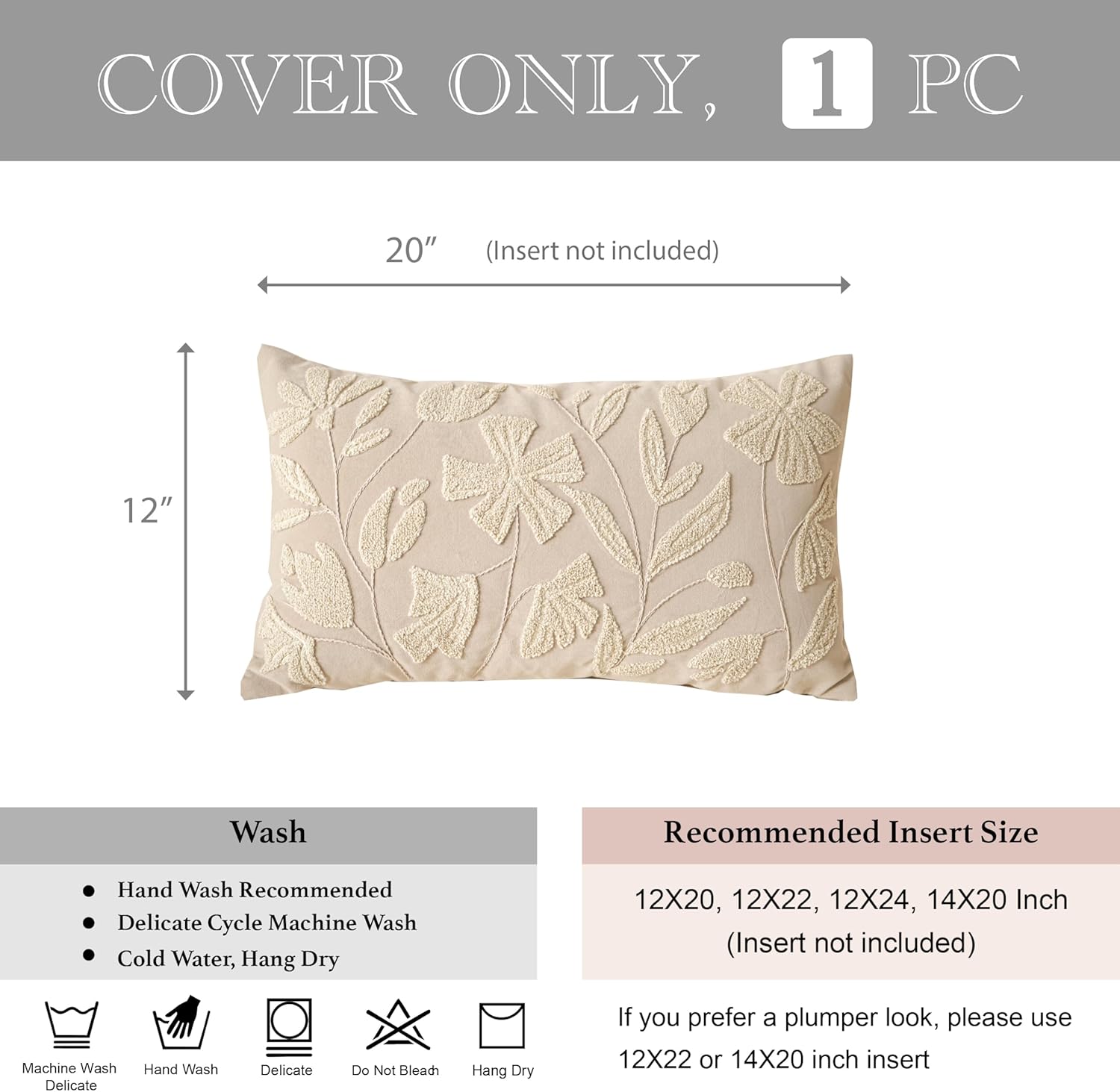 BlissBlush 12x20 Lumbar Pillow Cover, Rectangular Neutral Beige Decorative Throw Pillowcase for Couch Sofa, Embroidered Velvet Farmhouse Accent Cushion (Cover Only) - Image 5