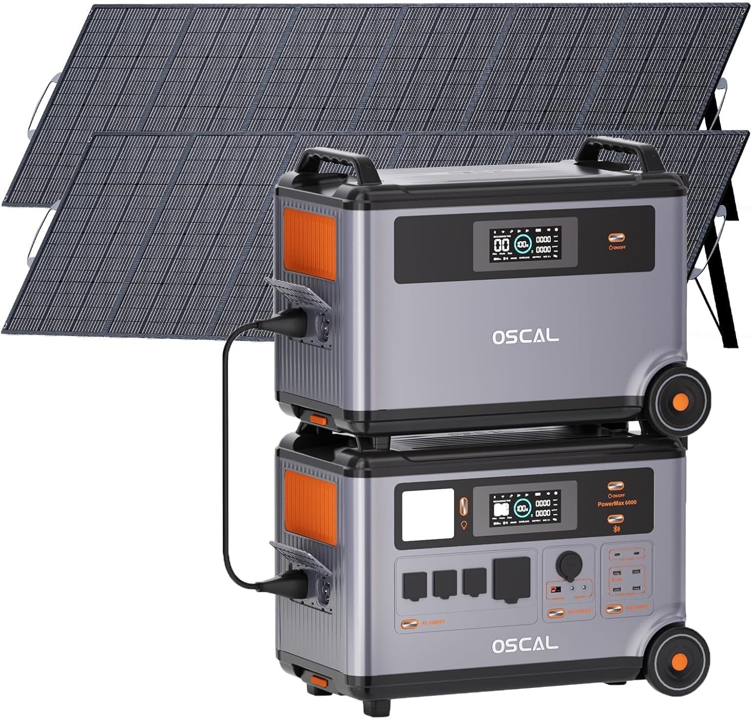 Powermax 6000W(9000W Peak) Transportable Energy Station with 2 * 500W Photo voltaic Panels, 3600Wh LiFePO4 Battery with 3600Wh Enlargement Battery Pack, 2400W Photo voltaic Charging Generator for Tenting, Residence, Emergency