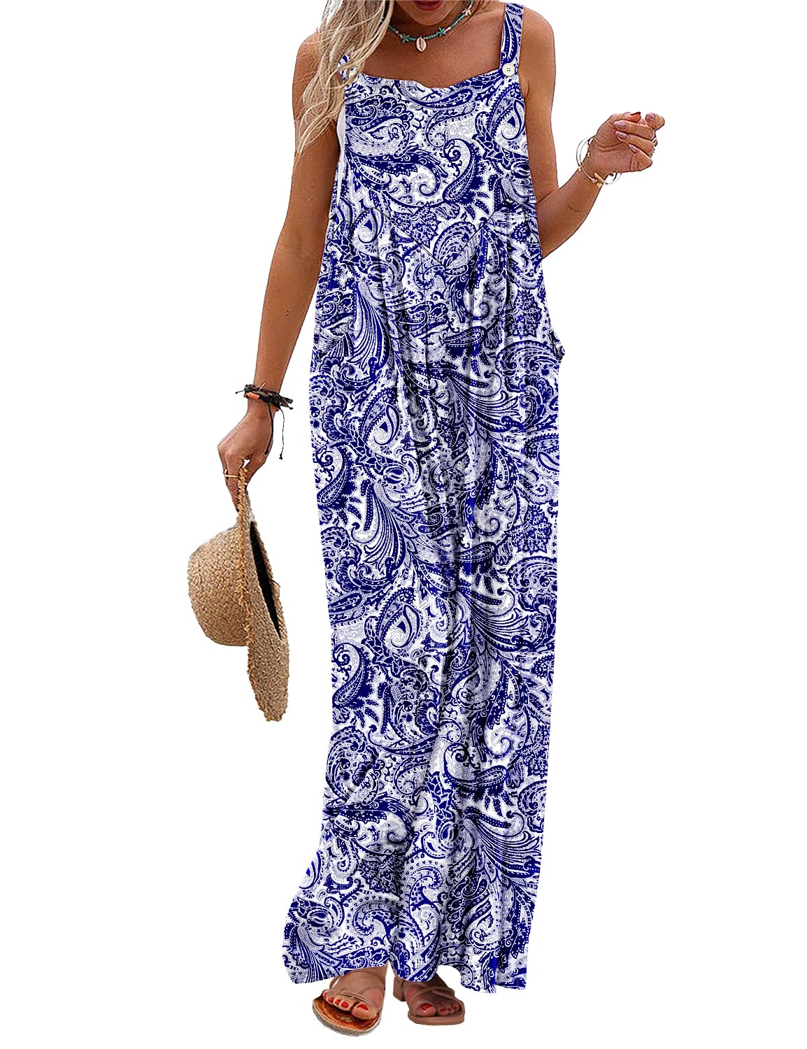 YESNO Women's Summer Casual Overalls Loose Wide Leg Jumpsuits Boho Floral Printed Baggy Rompers with Pockets PZH