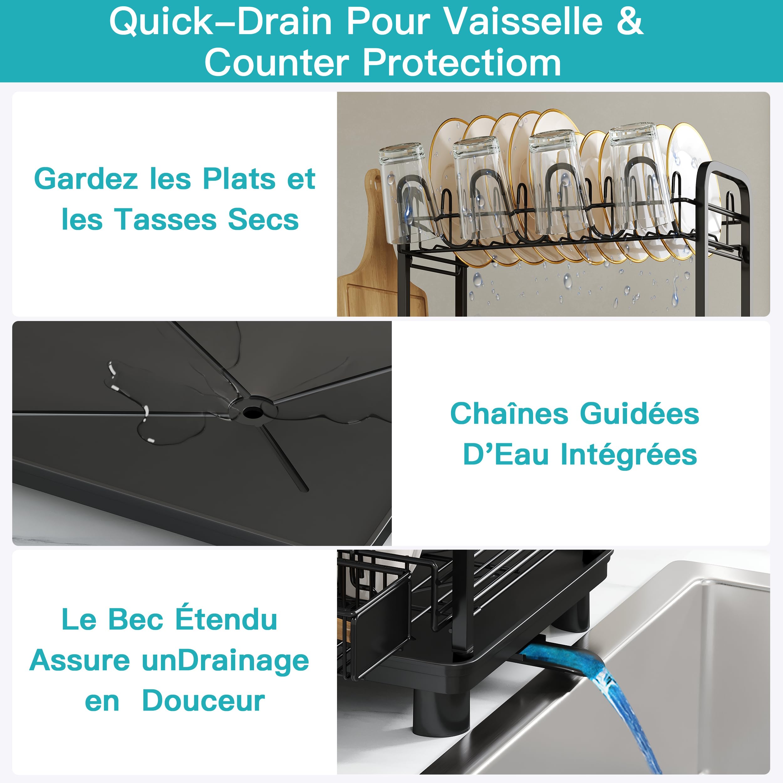 Boosiny Egoutoire Vaisselle Cuisine 2 Niveaux, INOX Égouttoir Vaisselle sur Evier avec Porte-Gobelets et Porte-Ustensiles, Noir Séchoir à Vaisselle Rangement Vaisselle avec Vidange Automatique