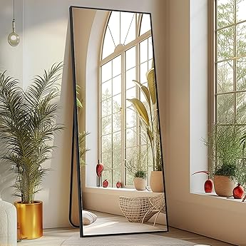 Sweetcrispy 64"x21" Arched Full Length Mirror, Standing or Leaning Full Body Mirror with Aluminum Alloy Thin Frame, Suitable for Bedroom or Cloakroom,Black