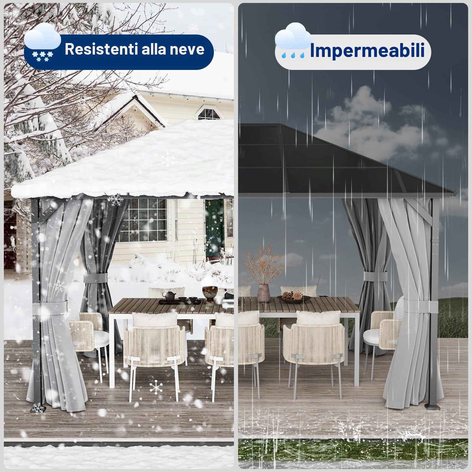 UDPATIO Gazebo da Giardino 3x4 m in Policarbonato, Tetto Singolo con Tende, Gazebo per Esterni Resistente al Vento e UV, Struttura in Alluminio per Giardino, Terrazza, Grigio