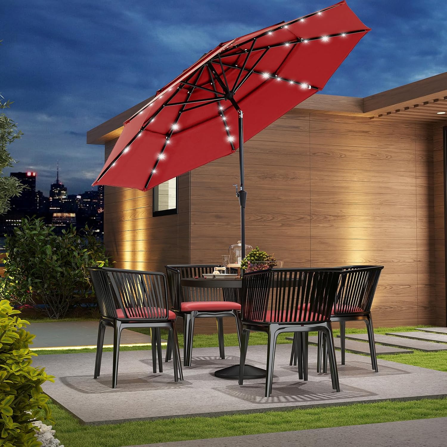 DUMOS 10FT 3 Tier Outdoor Patio Umbrella, Patio Umbrella with 32 LED Lights and Crank, Table Umbrellas 8 Sturdy Ribs for Pool, Market, Terrace, Beach, Outdoor Restaurant, Red