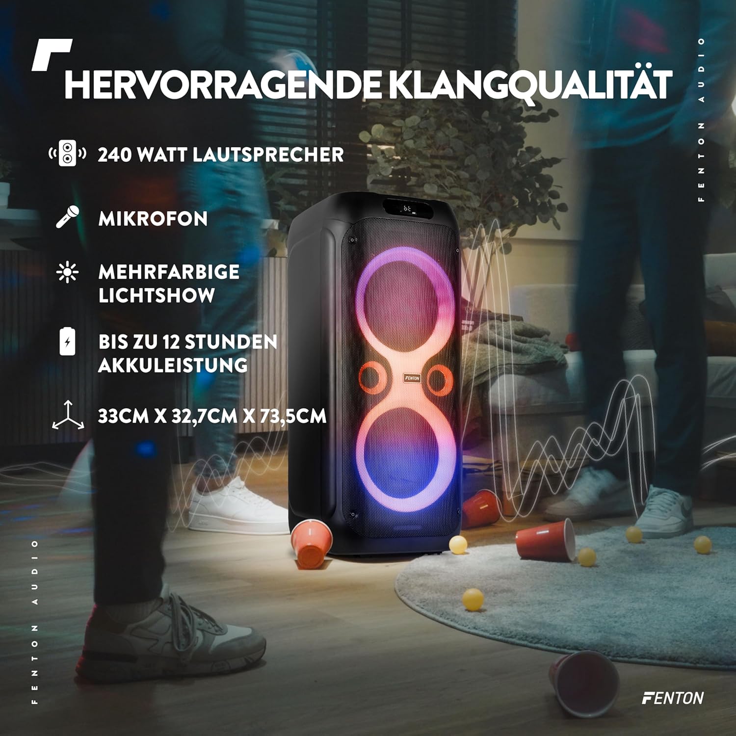 Fenton Core160 speaker with key features and dimensions highlighted