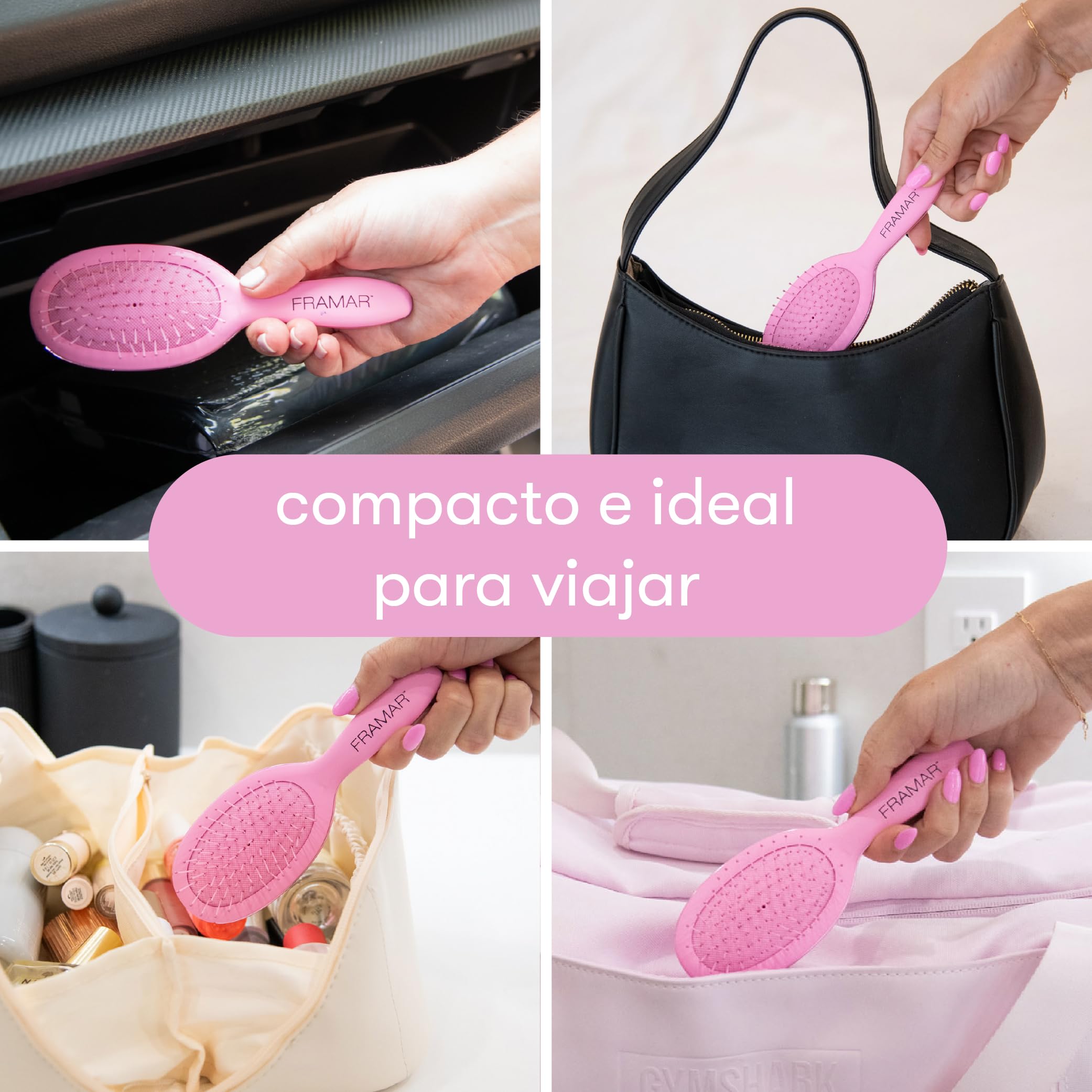 FRAMAR Cepillo Viaje Pelo - Cepillo Pelo Pequeño, Cepillo Pequeño Pelo, Mini Cepillo de Pelo, Escova Cabelo, Compacto Para Viajar, Para Todo Tipo de Cabello - Rosa