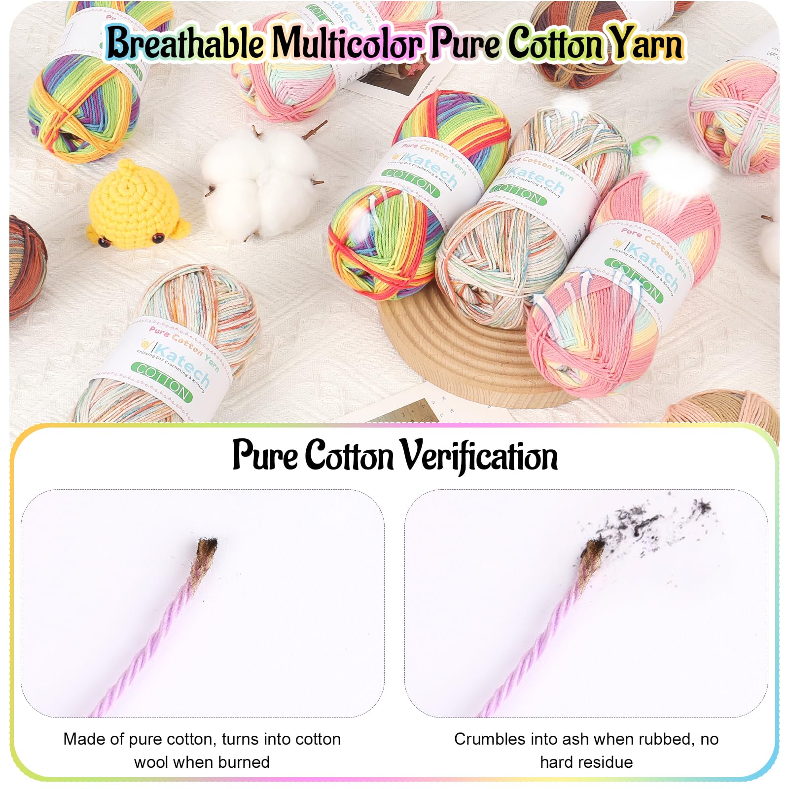 Katech 1OO% Ombre Cotton Yarn for Crocheting - 2 Sport Weight Baby Yarn for Knitting - 6 Pcs of 50g(1.76oz)/160m(175yd), Fine Soft Multicolor Yarns for Baby Blankets, Afghans, Shawls, Dress, Hats (C) - 5