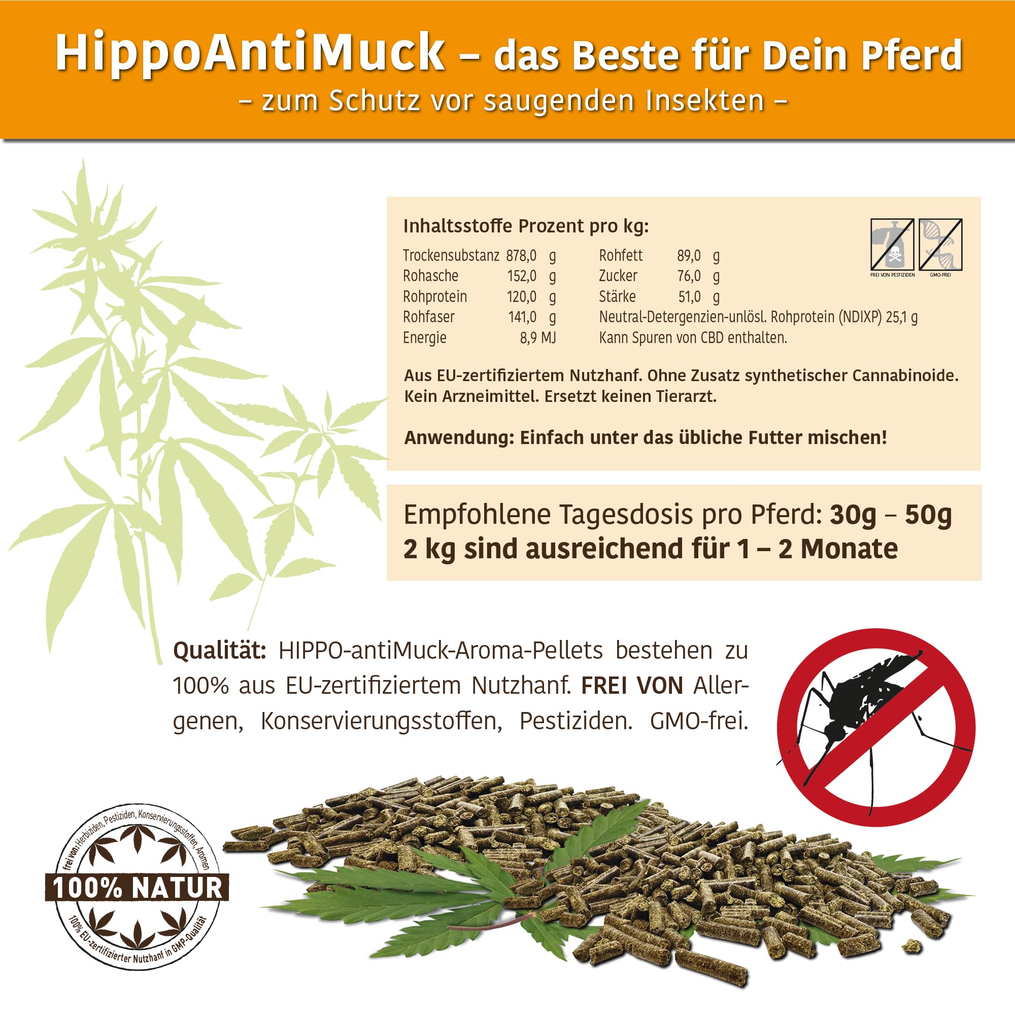 antiMuck Hanfpellets für Pferde – natürlicher Mückenschutz von innen – reich an Hanfterpenen für schützenden Duft – sehr einfache Anwendung während der Mückensaison