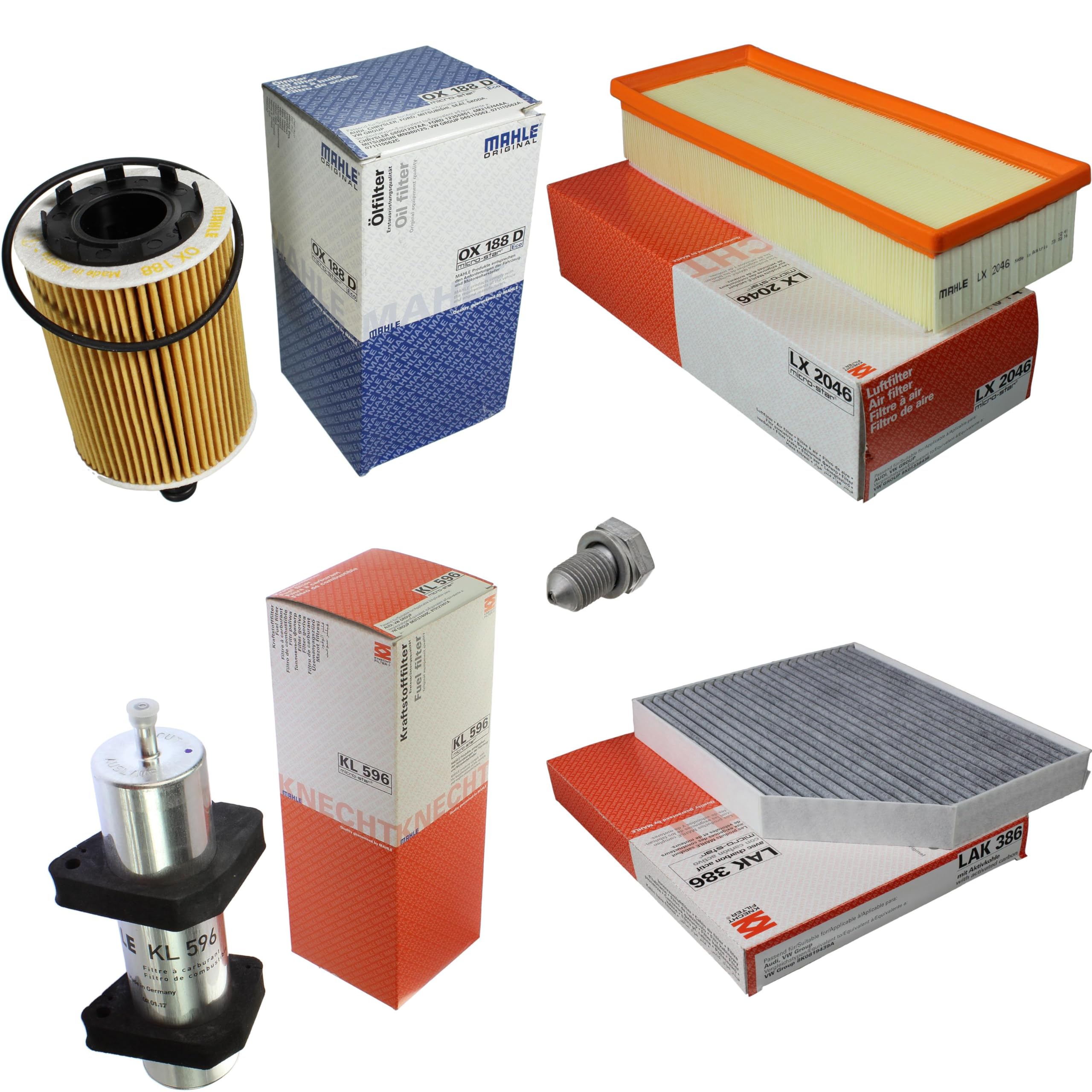 Paquete de inspección Kit de mantenimiento de filtros con filtro de aceite OX 188D, filtro de aire LX 2046, filtro de combustible KL 596, filtro de habitáculo (carbón activado) LAK 386, tornillo de