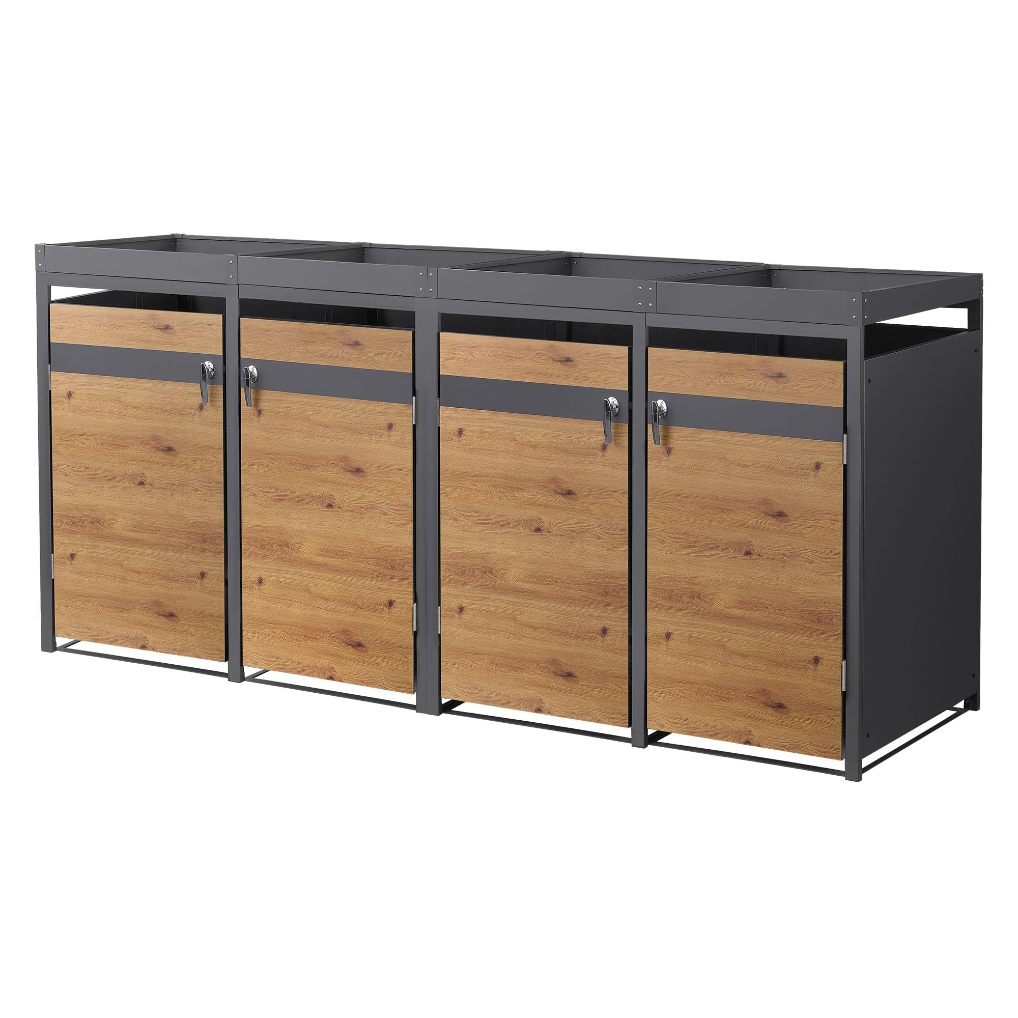 ML-Design pojemnik na odpady z daszkiem na 4 pojemniki na odpady, 240L 264x80x124 cm, debowy, stalowy, odporny na warunki atmosferyczne, zamykana pokrywa pojemnika na odpady z drzwiczkami