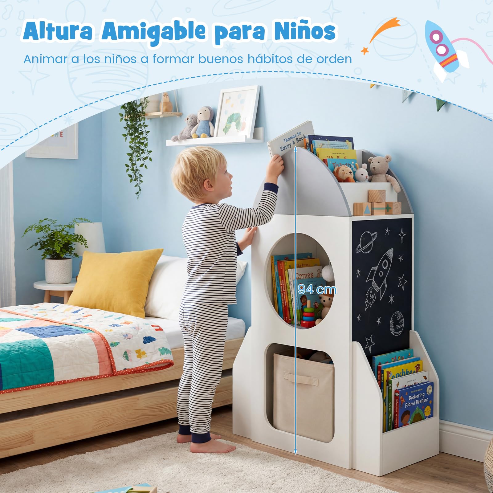 COSTWAY Estantería Infantil de 3 Niveles, Organizador de Juguetes para Niños con Tema Espacial y Pizarra, 2 Compartimentos y Estante Abierto, Estantería de Madera para Aula, Sala de Juego, Guardería