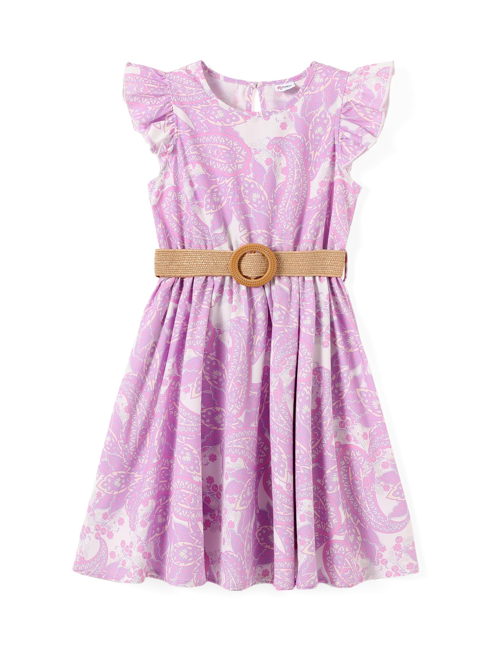 PATPAT Little Big Girls Dress Vintage Boho Floral Ruffle Short Sleeve Casual Swing Dress with Braided Belt