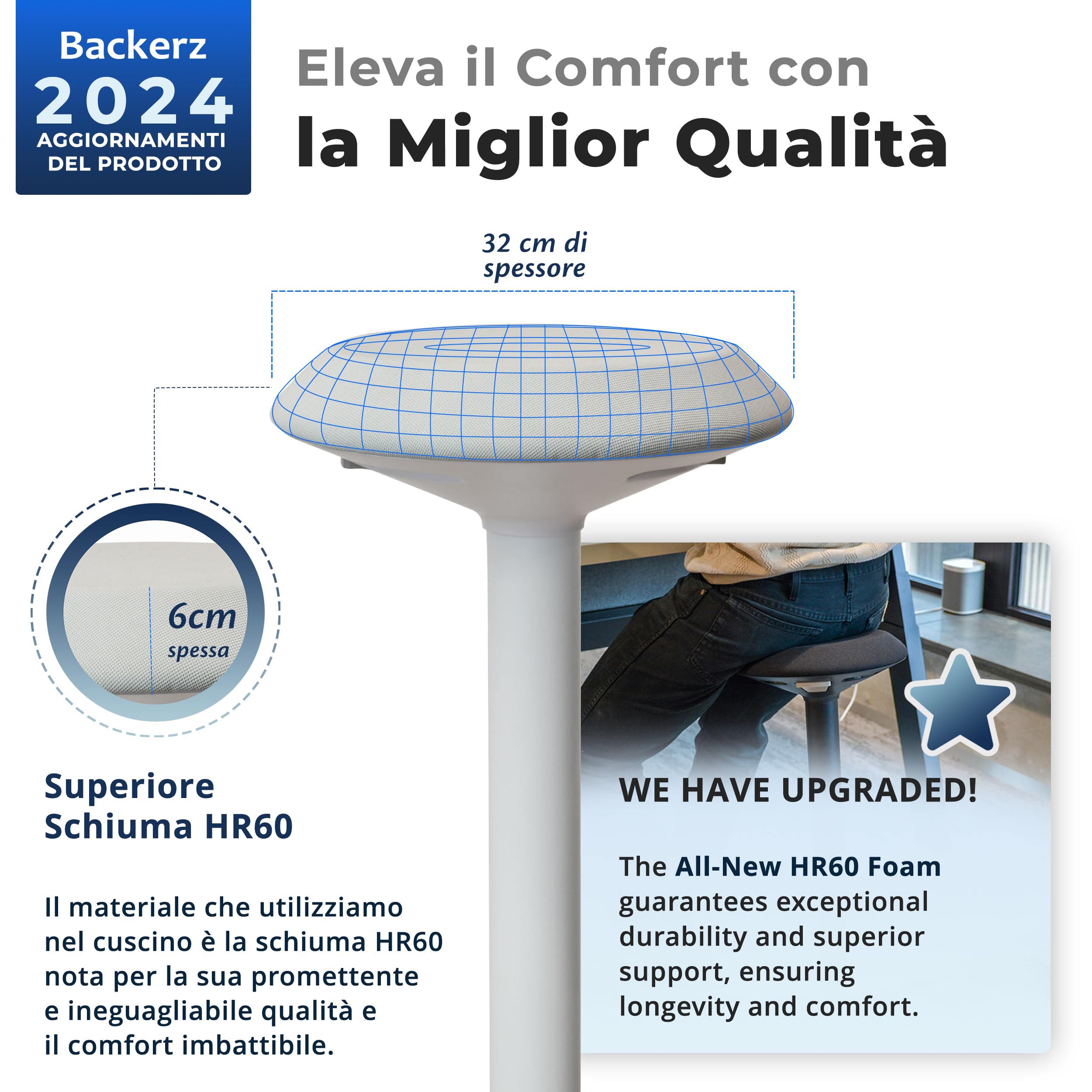 Backerz Sgabello Ergonomico - Sgabello Girevole da 55 a 80 cm con effetto dondolo - Sedia da Ufficio per Casa, Ufficio, Studio - Cuscino a Schiuma, Esterno in Lino Impermeabile - Bianco Opaco