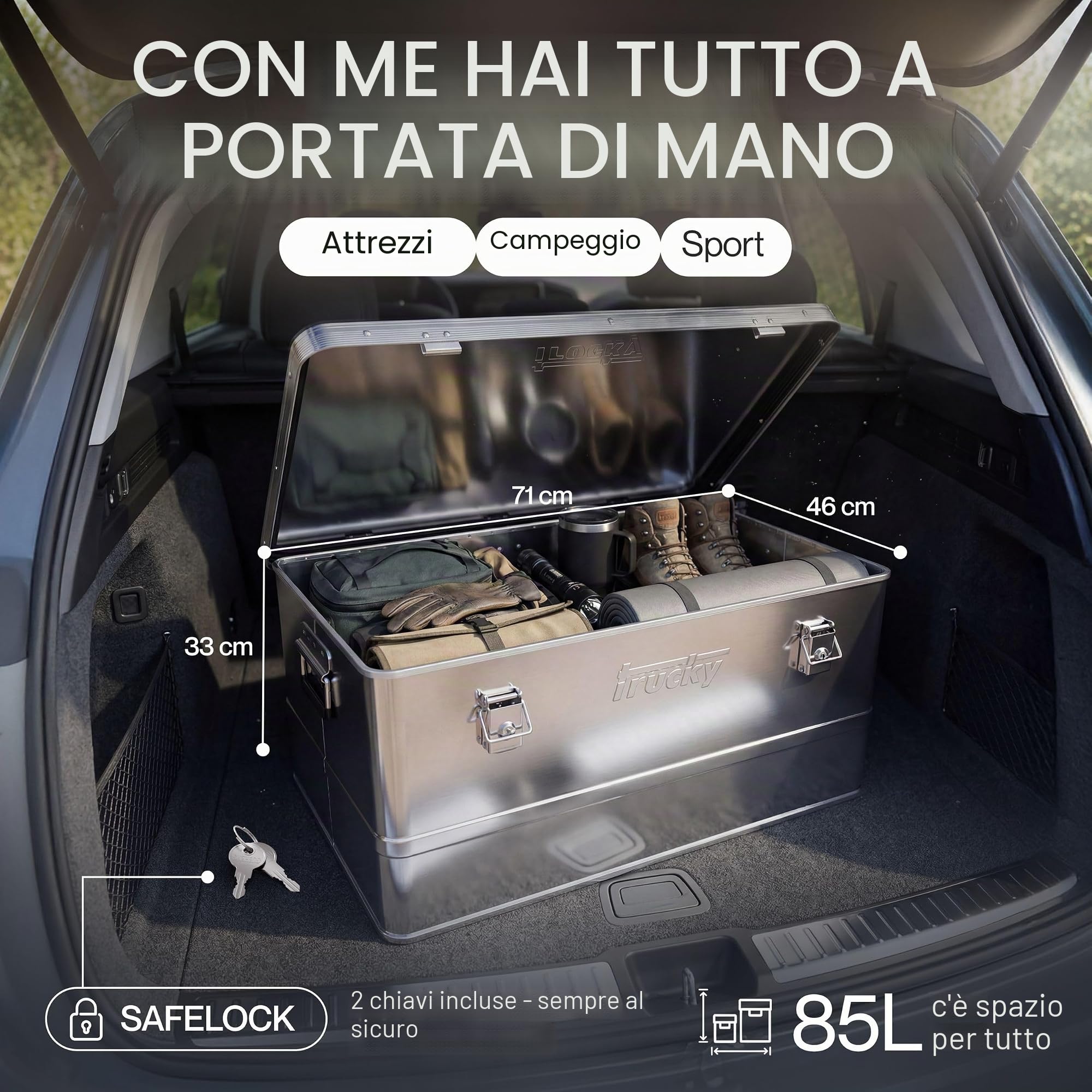 Trucky Scatola in alluminio con coperchio, color argento, in alluminio, per il trasporto, scatola in metallo, richiudibile, dimensioni: 85 l