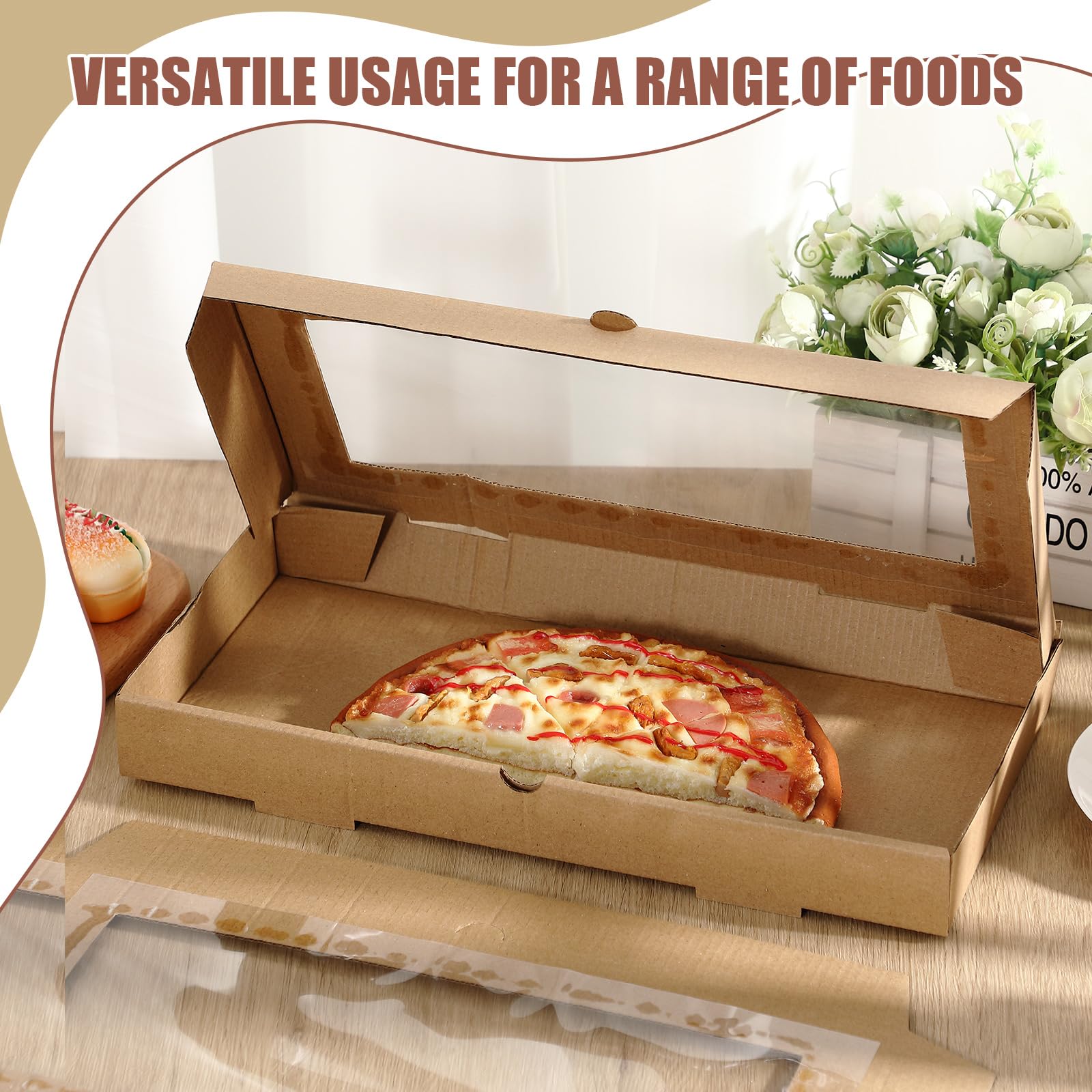 Tioncy 24 scatole per pizza ondulate da 35,5 x 18,8 x 3,8 cm, rettangolari, da asportare, con coperchio trasparente, con anello di chiusura, per piadina, pasticceria, salumi (pelle bovina)