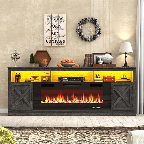 Miniatura 23 de Soporte de TV con chimenea de granja para TV de 70/75/80 pulgadas, centro de entretenimiento de 32 pulgadas de alto con chimenea eléctrica de 36