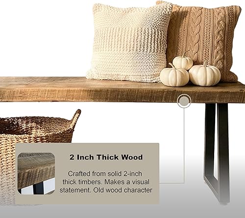 Miniatura 5 de Banco rústico de madera de granero recuperada, madera maciza con base de metal, estilo moderno de granja, parte superior de 2 pulgadas de grosor,