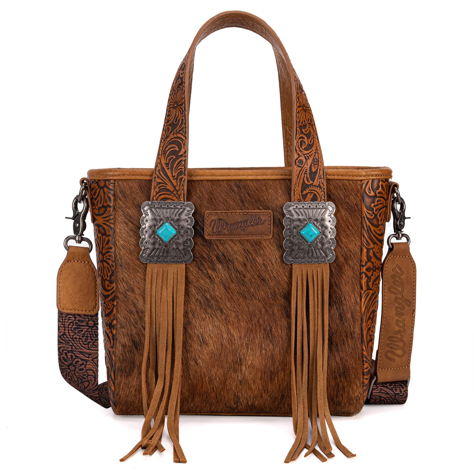 Montana West Wrangler Tragetasche aus Rindsleder für Damen, Western-Werkzeugtasche, Lederfransen mit türkisfarbenem Stein-Concho