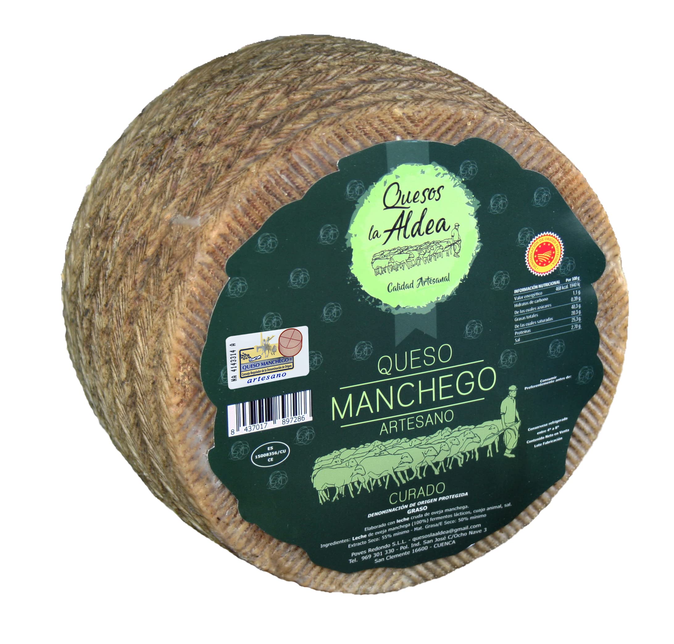 QUESOS LA ALDEA | Queso Manchego Artesano Curado de Oveja D.O. La Mancha | Pieza Pequeña 1 kg | Queso de Oveja Curado Gourmet | Ideal para Regalo, celebraciones, Cestas Gourmet y Packs Degustación