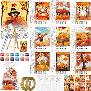Dispowreath 12 Sets Thanksgiving Fall Pre Drawn Canvas to Paint Gifts Sets 5" x 7" Turkey Pre Printed Canvas with Greeting Cards Outline Panels for Beginners DIY Craft Project Party Favor Home Decors