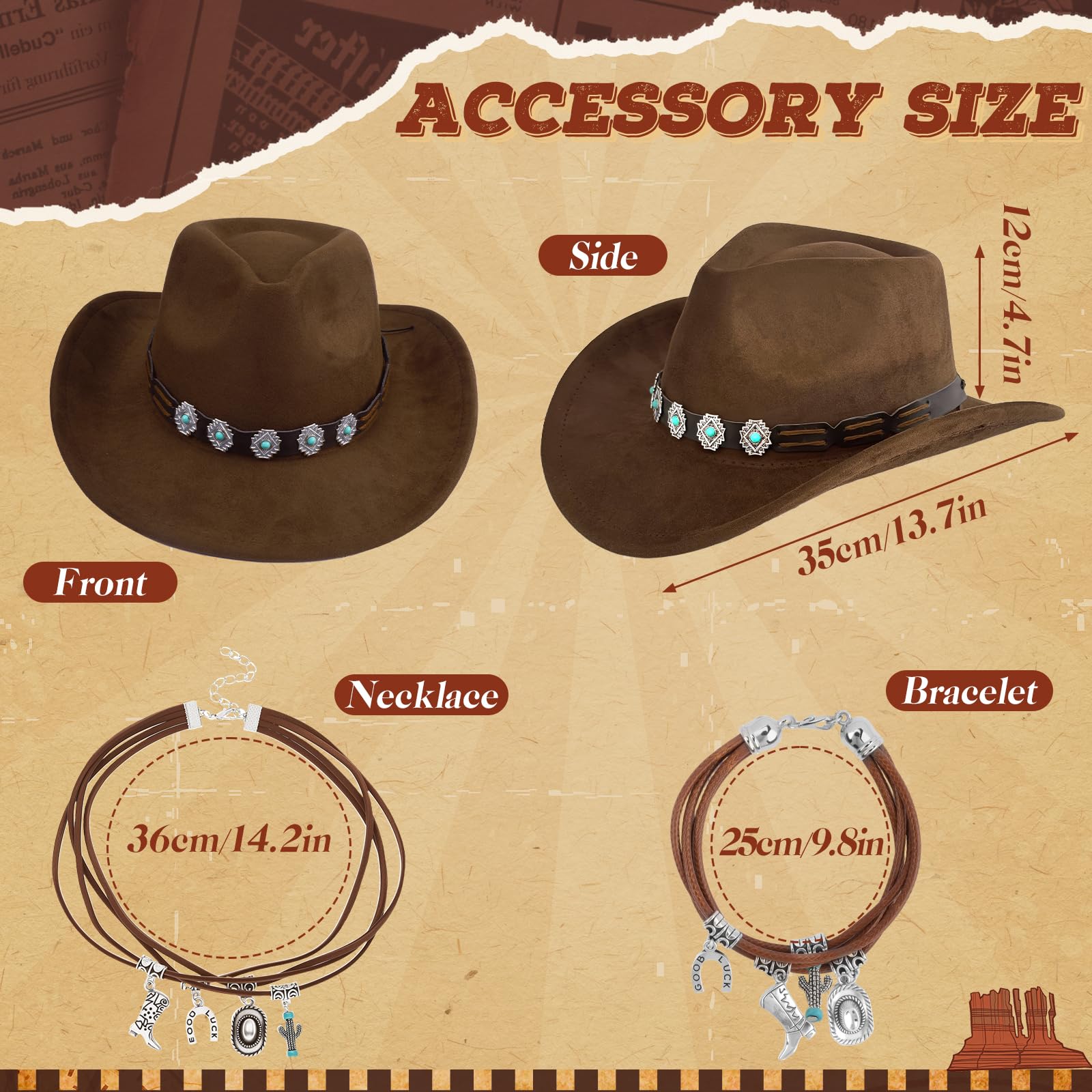 Kyndara 4Pcs Cowboy Hat Accessories for Women Western Cowgirl Costume Set including Wide Brim Hat Detachable Hat Band Bracelet Necklace for Adult Carnival Masquerade Western Theme Parties Cosplay - Image 2