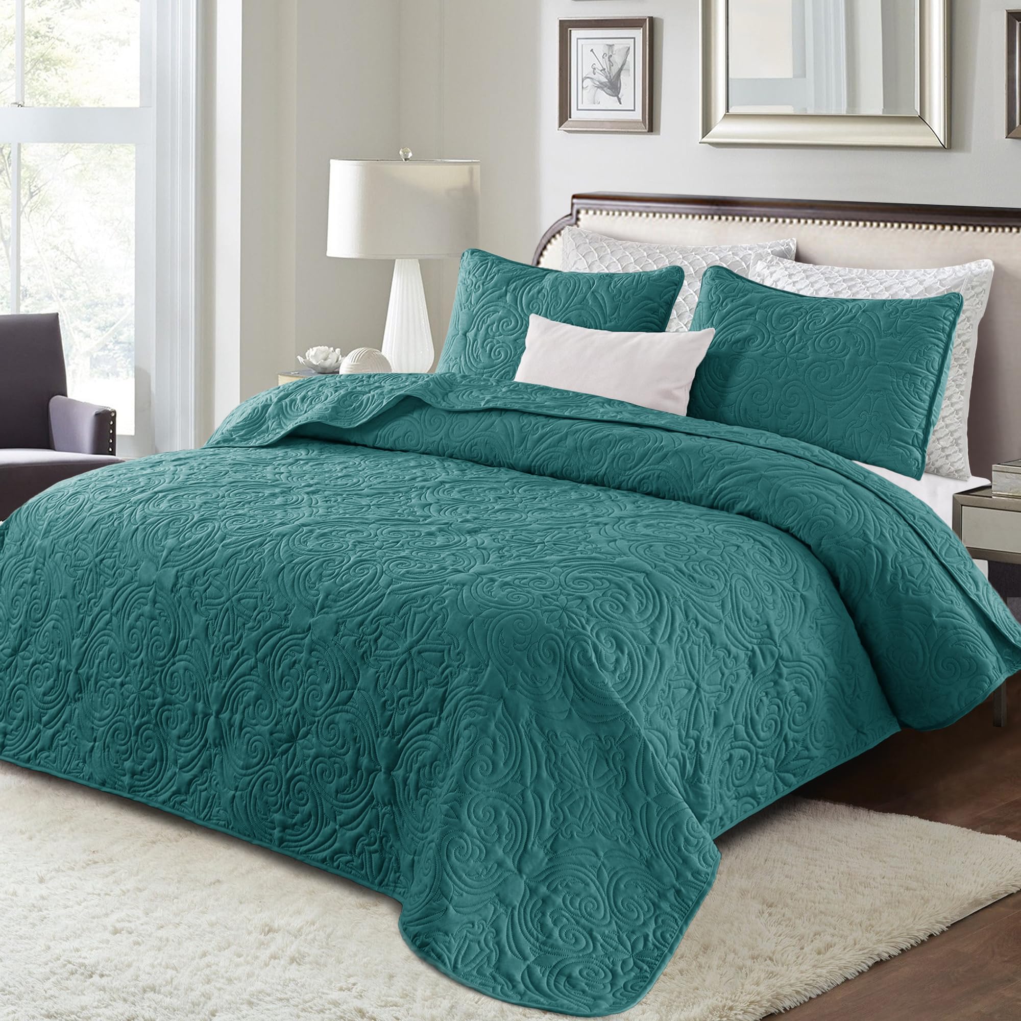 Exclusivo Mezcla King Quilt Bedding Set, Lightweight Vintage King Size Quilts with Pillow Shams, Soft Bedspreads Coverlets for All Seasons, (104"x96", Dusty Teal)