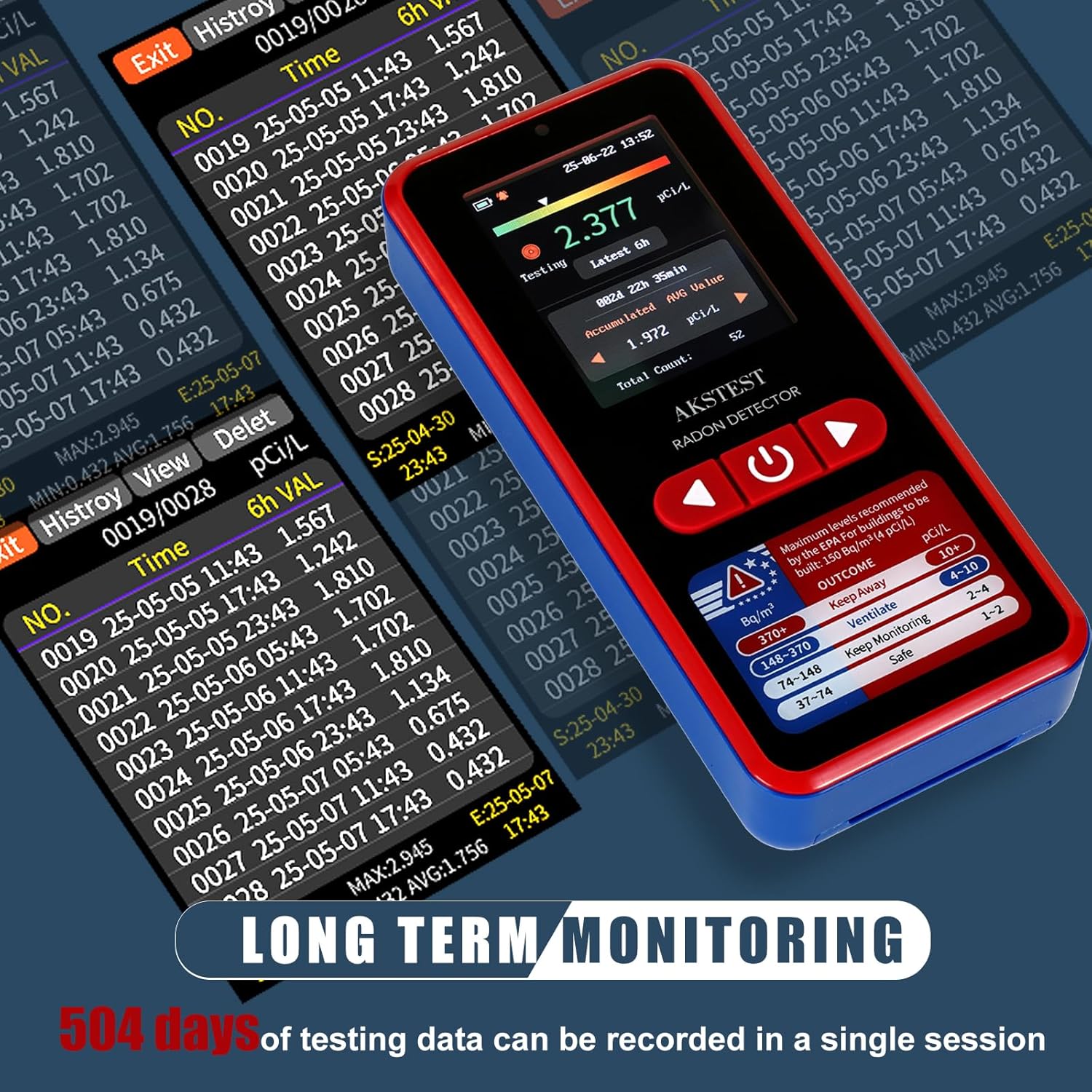 RM-60 Radon Detector with TFT Color Display, Long-Term Radon Monitor for Home, Basement, Audible & Visual Alarms, USB Type-C Rechargeable, pCi/L or Bq/m³