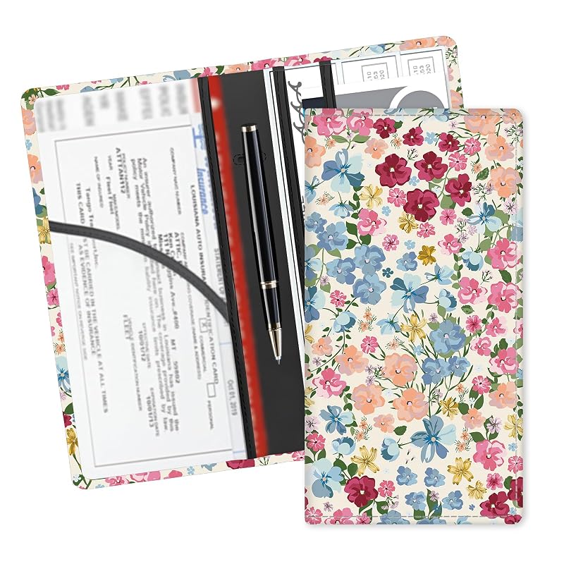 Porta-documentos automotivo em couro sintético ADUQLZUX para documentos, cartões e seguro, flores coloridas e fofas