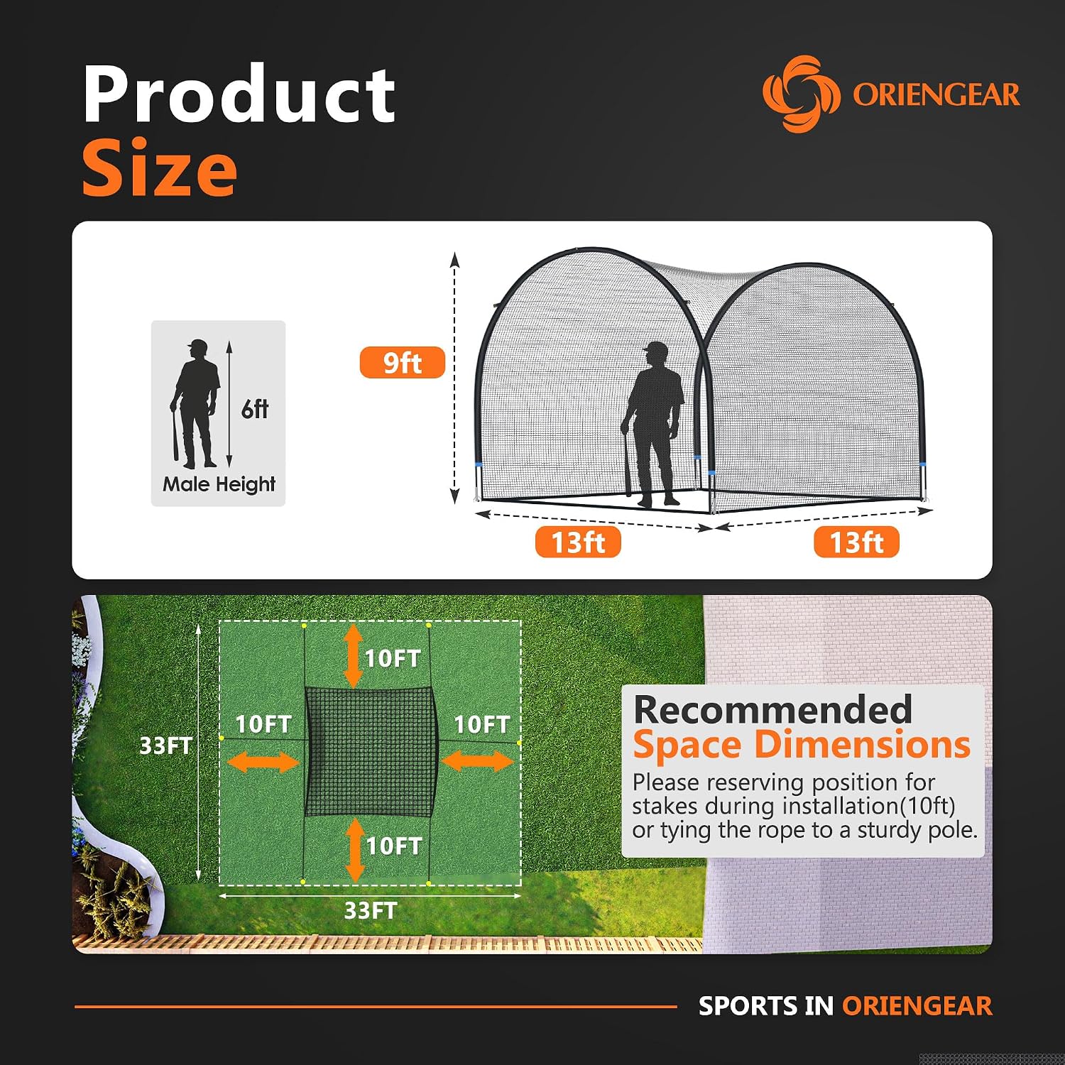 ORIENGEAR Baseball Batting Cage 13FT Baseball Batting Cages for Backyard, Baseball Training Equipment Netting for Hitting and Pitching Practice, Softball Baseball Cage with Frame and Net, Open Ended