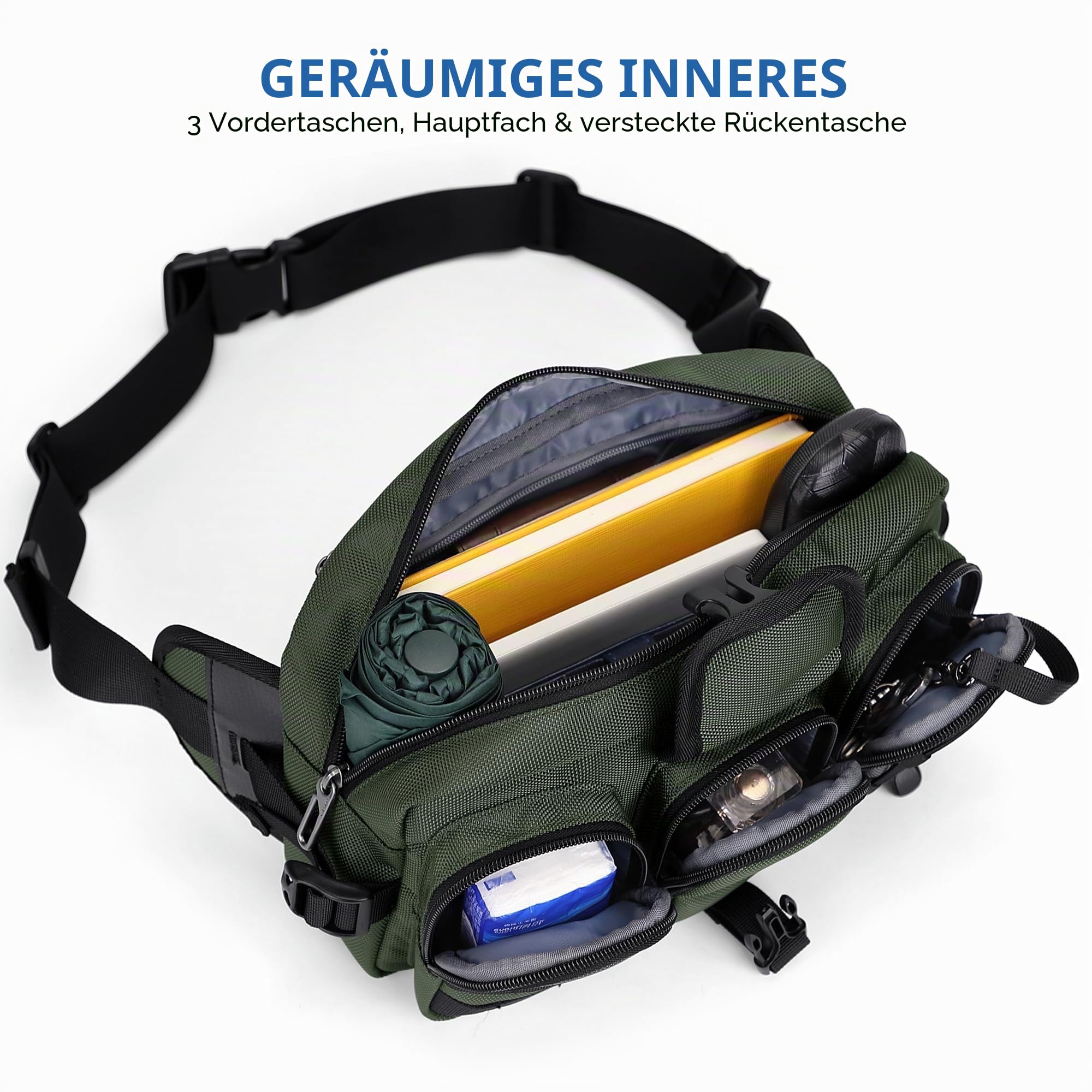 WITZMAN Bauchtasche für Herren, Mehrfächer Moderne Gürteltasche für Reisen | Wasserfestes Nylon, 5L Hüfttasche, Passt Großes Handy für Hundespaziergänge, Wandern, Alltag, Laufen, B733 Grün