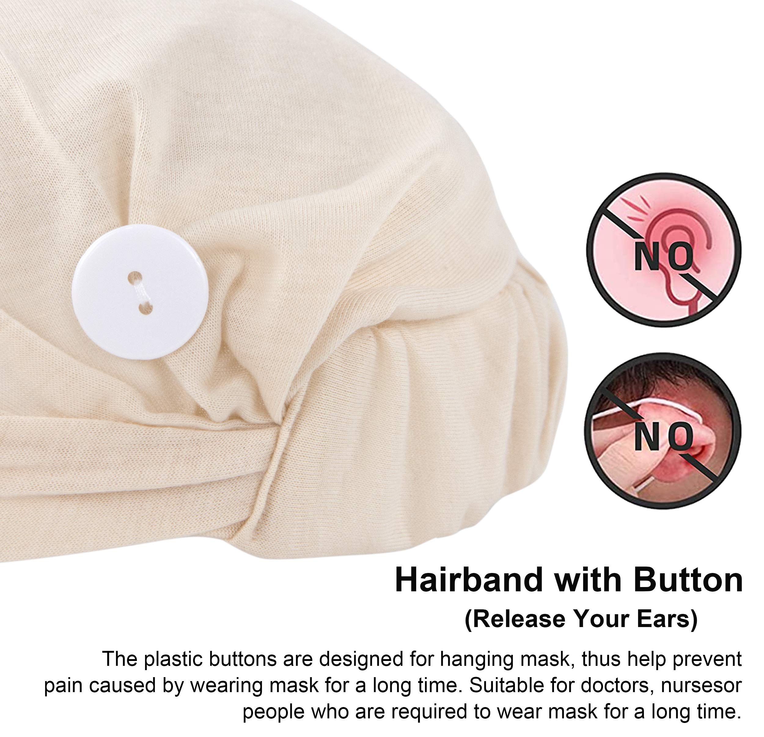 Women Working Cap with Button Bouffant Hats Elastic Headbands Head Cover for Face Masks and Covers Beige