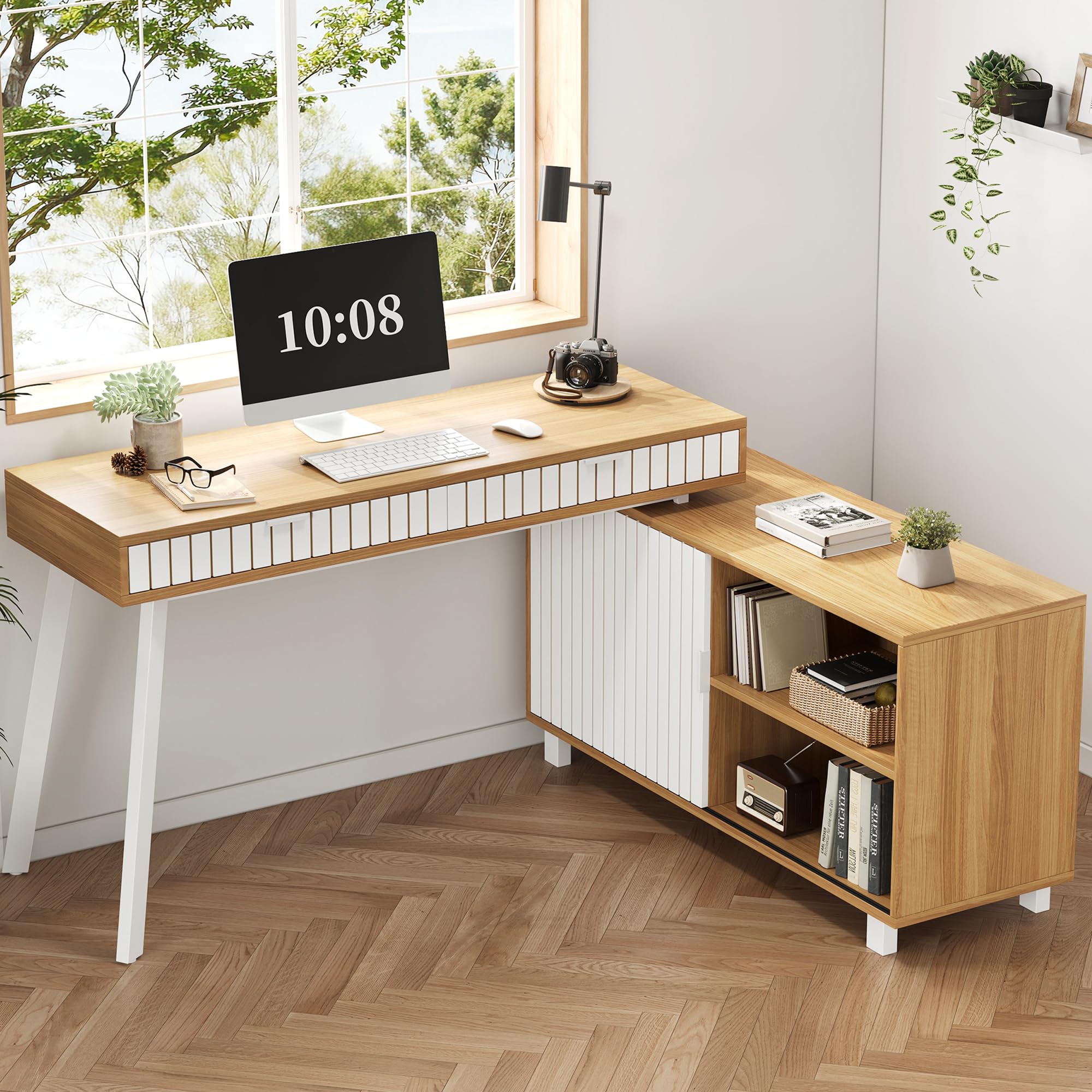 BTM Eckschreibtisch mit Stauraum L Form Schreibtisch mit Schubladen und Schrank, Computertisch Bürotisch Naturfarbe + Weiß