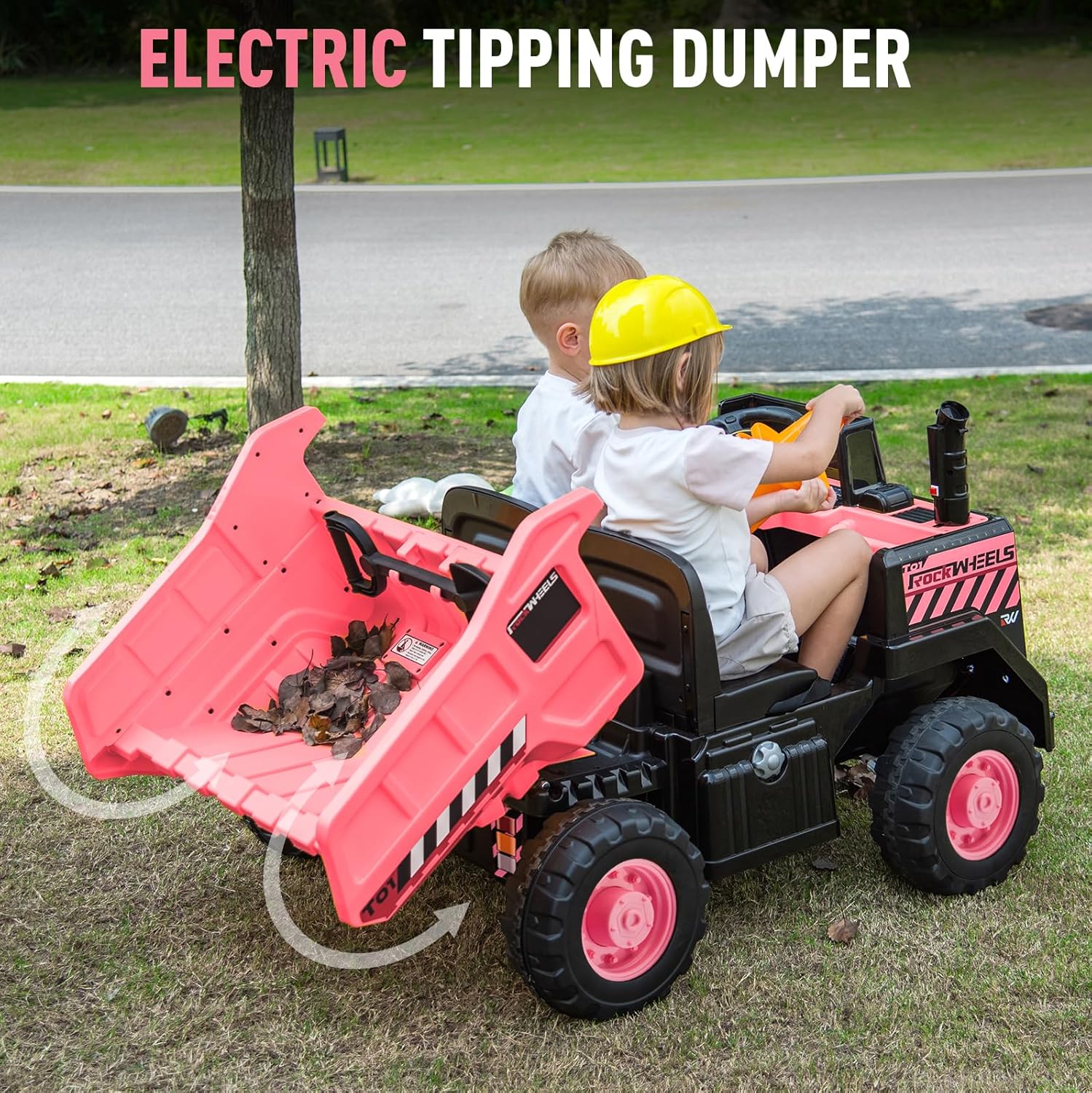 Rock Wheels 24V 7AH 2-Seater 4WD Dumper Ride-On Construction Car, 4x200W Motors, Electric Tipping Dump Bed, Remote Control, LED Lights, Steam Spray, Helmet Included, 24" Seat - Pink