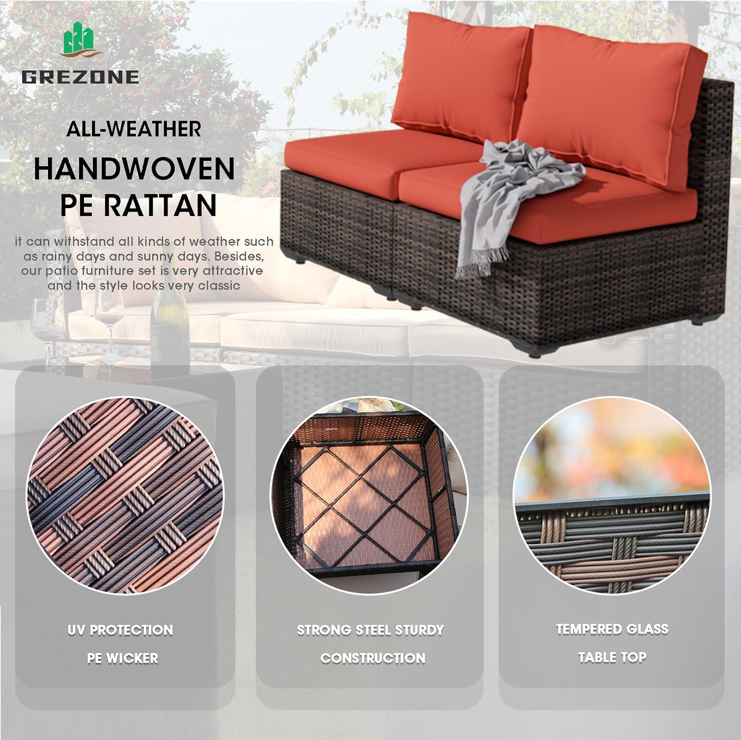 Grezone 9 Pieces Patio Furniture Set with 44" Fire Pit Table, Outdoor Sectional Sofa PE Rattan Conversation Sets with Coffee Table for Garden Lawn Balcony Red