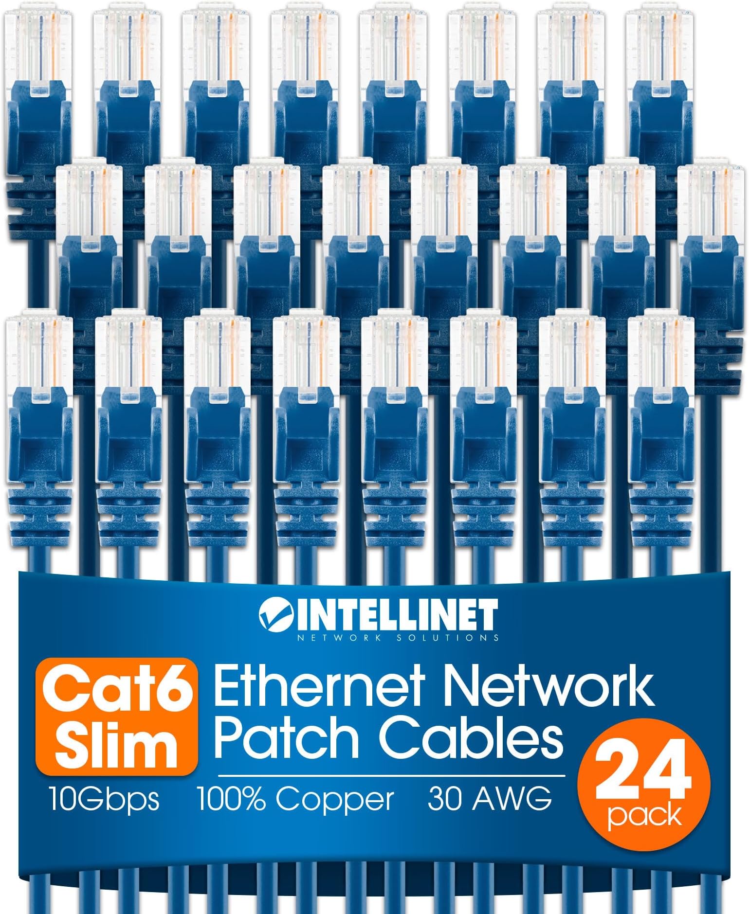 Intellinet Slim Cat6 Ethernet Network Patch Cable โ 24 Pack - 10Gbps & 250MHz, Snagless Boot, 30AWG Pure Bare Copper Wire, Gold-Plated Contacts, Lifetime Mfg Warranty - 1.5ft, 24 Pack, Blue