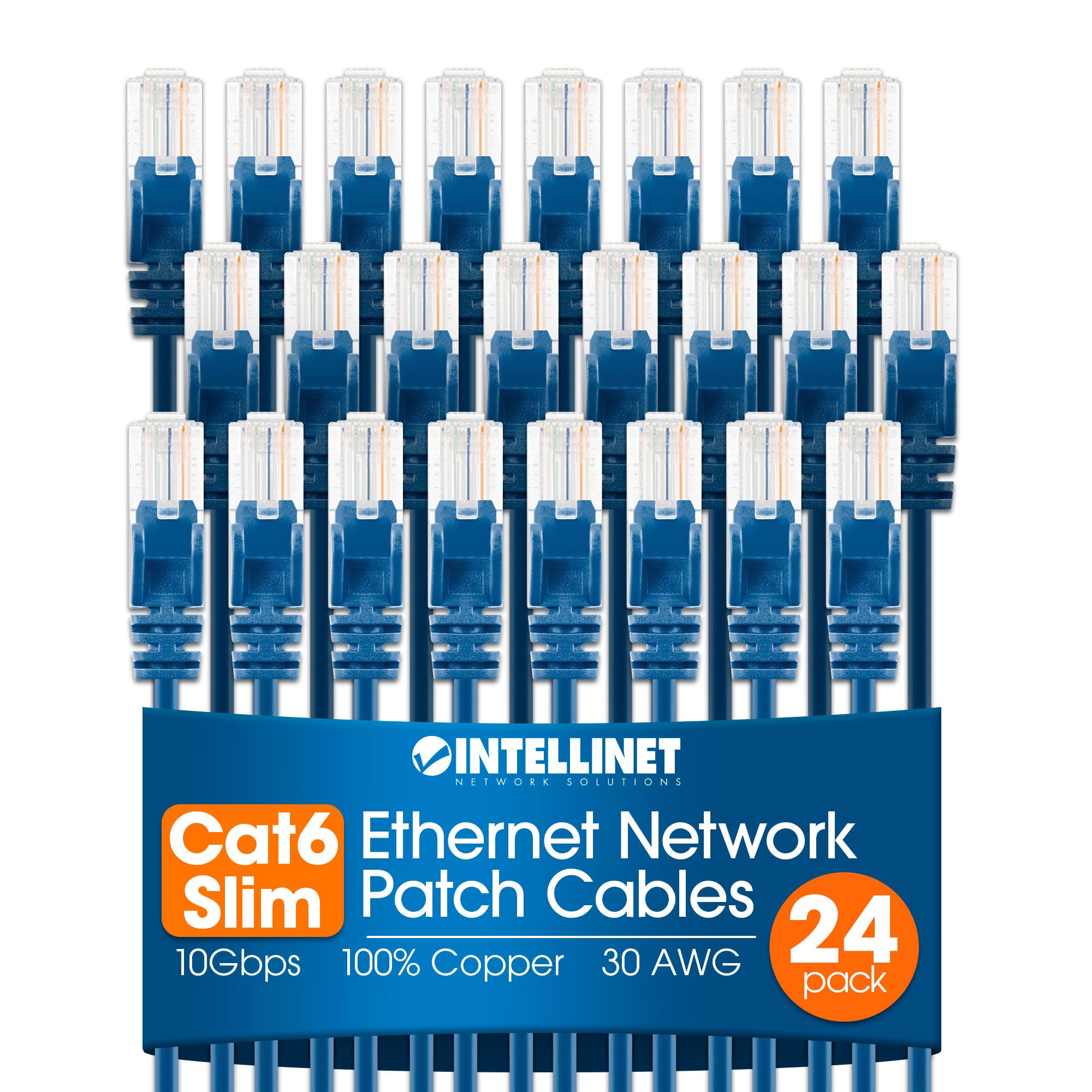 Intellinet Slim Cat6 Ethernet Network Patch Cable – 24 Pack - 10Gbps & 250MHz, Snagless Boot, 30AWG Pure Bare Copper Wire, Gold-Plated Contacts,