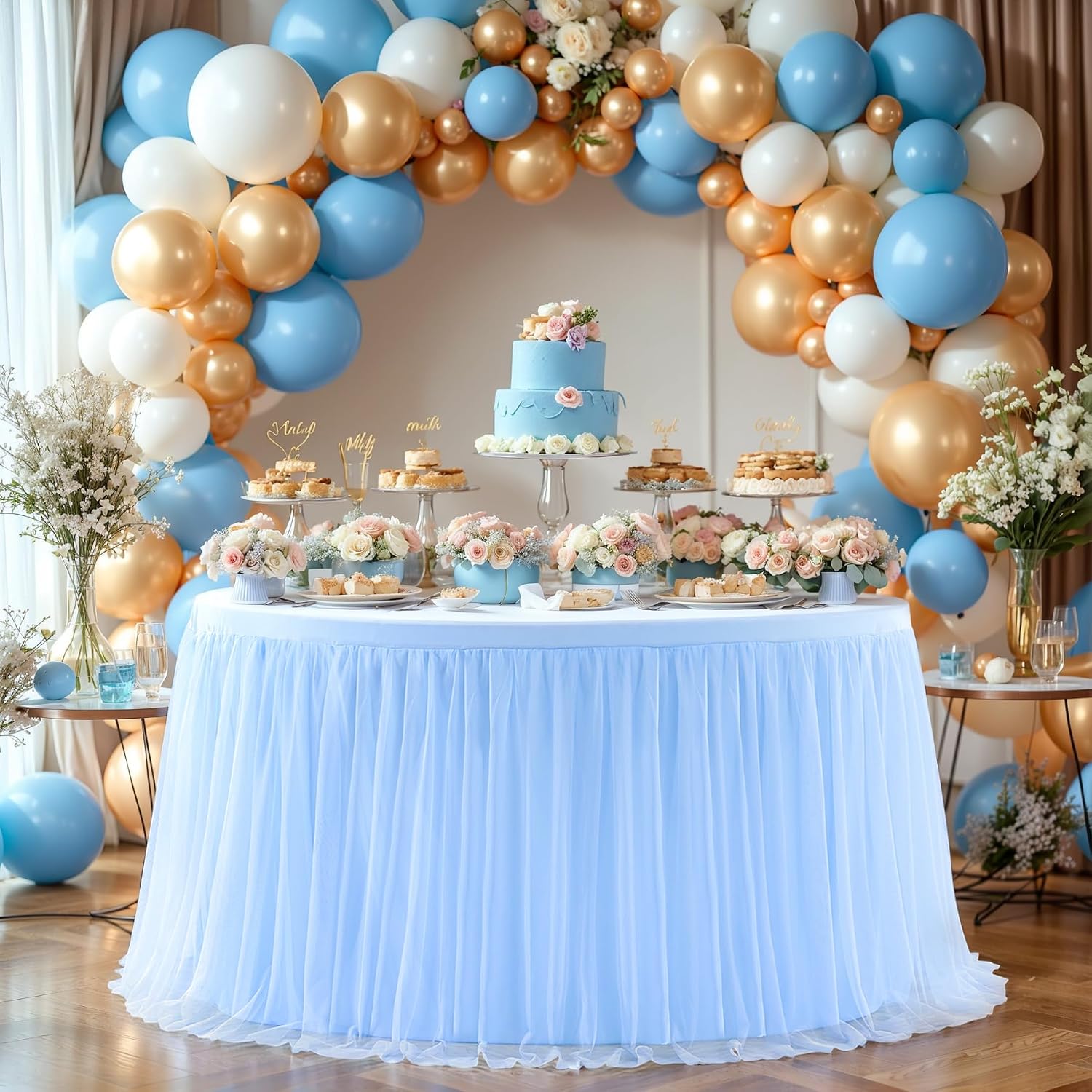 Round Tulle Tablecloth Table Skirt Wrinkle Free Ruffle Tutu Tablecloth Stretch Fitted Round Table Cover for Party Wedding Baby Shower Birthday, Baby Blue, 48inch in Round
