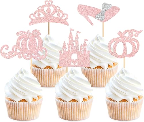Cyodoos 25 piezas de calabaza Cupcake Toppers Castillo Carruaje Princesa Tacón Alto Corona Calabaza Cupcake Selección de Castillo Tema de Castillo
