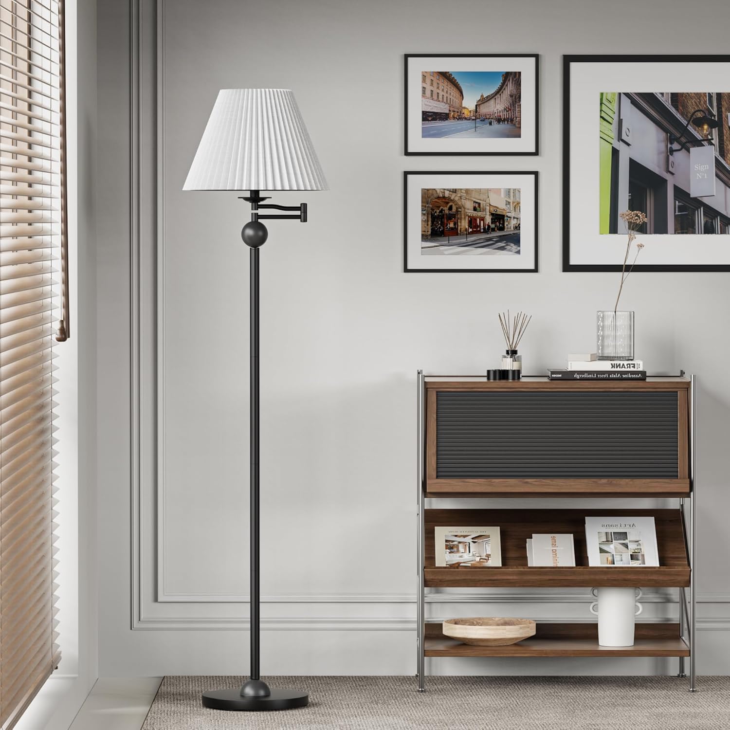 Maxax Traditional Floor Lamp with Adjustable Swing Arm, Farmhouse Standing Lamp for Living Room, Vintage Tall Black Pole Lamp with White Pleated Shade for Bedroom