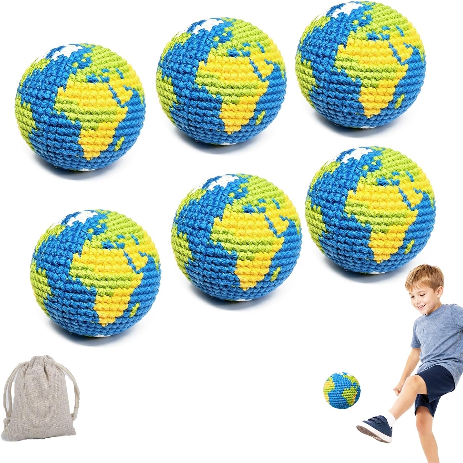 Crochet Footbag Ball, Handmade Earth Kick Bag Toy, Soft Knitted Juggling Bean Bag for Kids Adults Outdoor Game, Handwoven Toss Pack