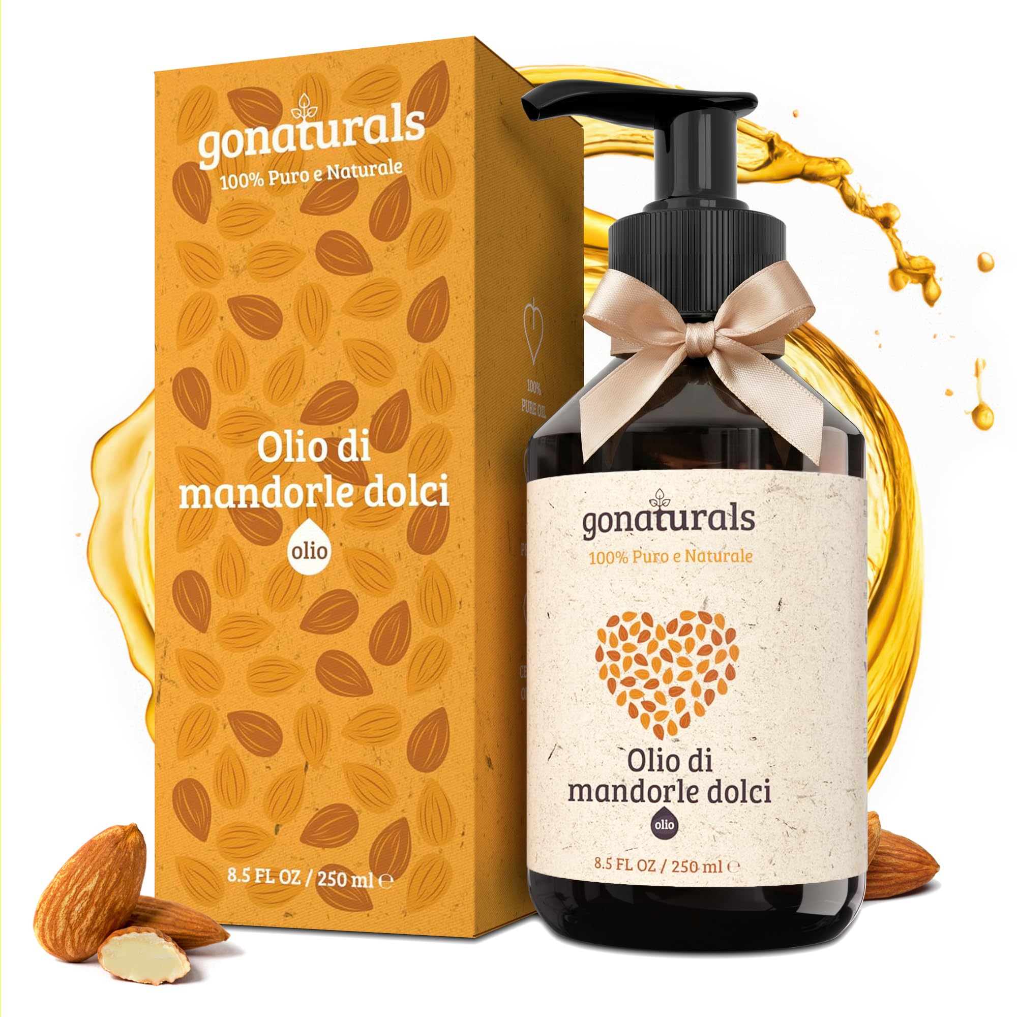 Gonaturals Olio di Mandorle Dolci Puro 100% - Spremuto a Freddo - Idratante Viso, Corpo e Capelli - Ideale per Smagliature Gravidanza e Pelle Sensibile - Assorbimento Rapido, Inodore, 250ml