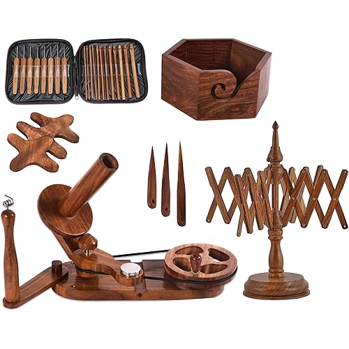 Brainmart Rosewood Yarn Winder & Swift with Wooden Yarn Bowl – 30pcs Crochet Kit | Handcrafted Wooden Ball Winder, Crochet Hooks Set, Bobbins, Weaving Needles for Knitting, Crocheting & Weaving