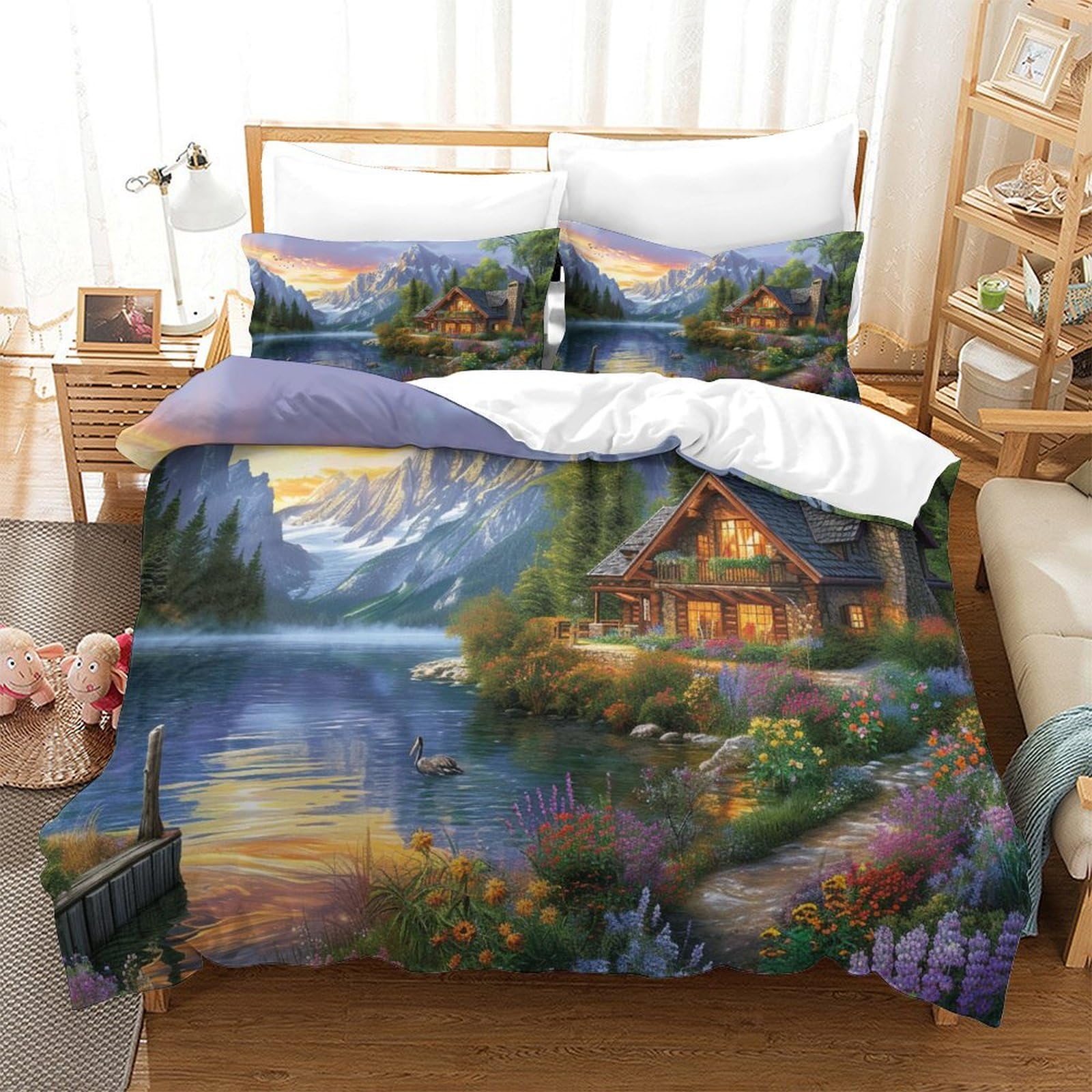 ENYISIYULO Comforter Cover Set Mountain Cottage 3D Print Duvet Quilt Cover Mountain Cabin Soft Microfiber Quilt Cover Decor with Pillowcase for Kids Boys Teens Youth Double（200x200cm）
