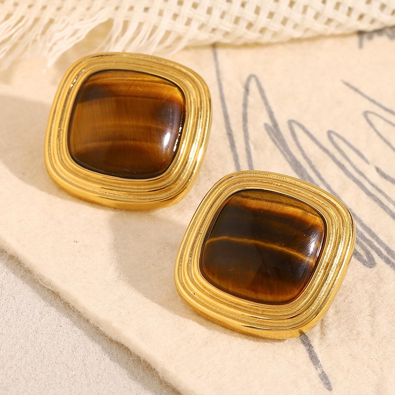 Big Gold Chunky Stud Earrings Brown Square Tiger Eye Earrings Vintage Statement Earrings Jewelry - Image 7