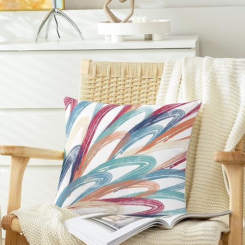 Miniatura 4 de CaliTime Juego de 2 fundas de almohada decorativas de vellón de dos tonos con plumas abstractas para sofá, cama, decoración de casa rural, 18 x 18